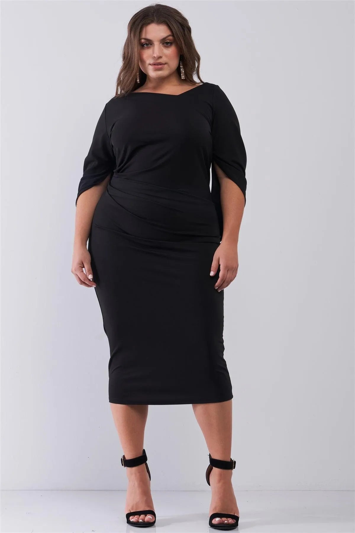 Junior Plus Size Black Asymmetrical Neck Draped Sleeve & Back Detail Fitted Midi Dress /1-1-1 - Tasha Apparel Wholesale
