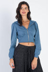 Vintage Blue Zip-Up Hooded Long Sleeve Cropped Sweaters /2-2-2