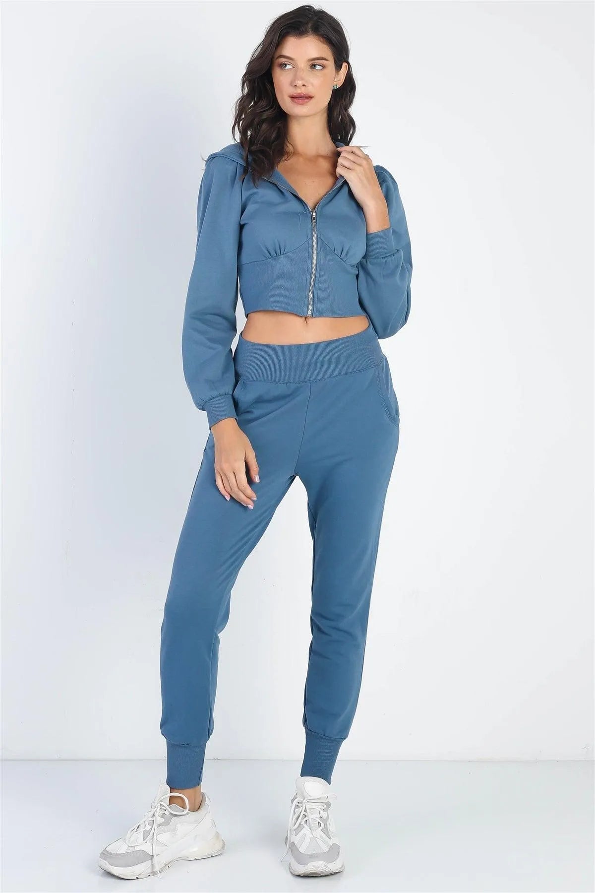 Vintage Blue Hooded Cropped Sweaters & Cuff Pants Set /2-2-2 - Tasha Apparel Wholesale