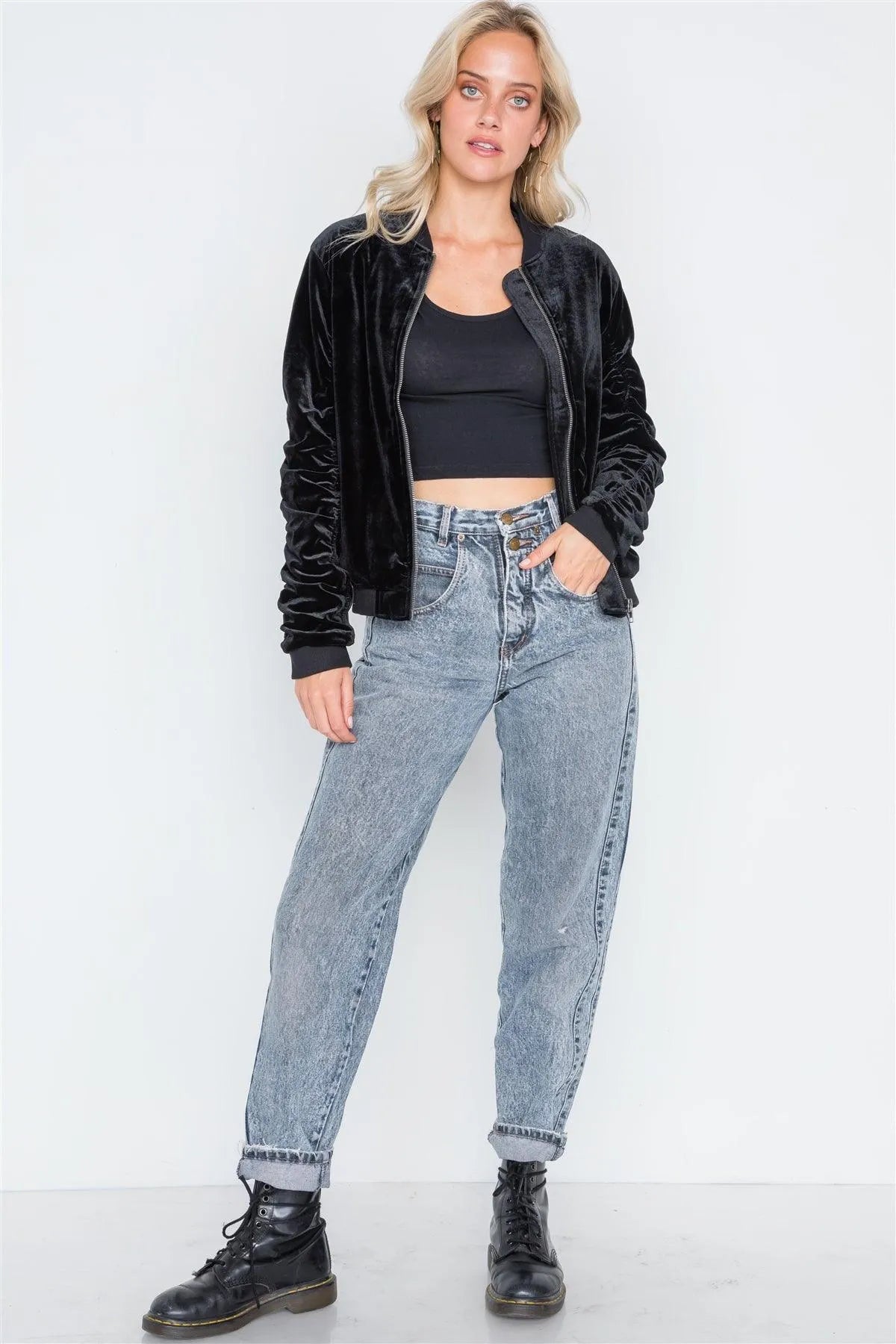 Black Velvet Long Sleeve Bomber Jacket - Tasha Apparel Wholesale