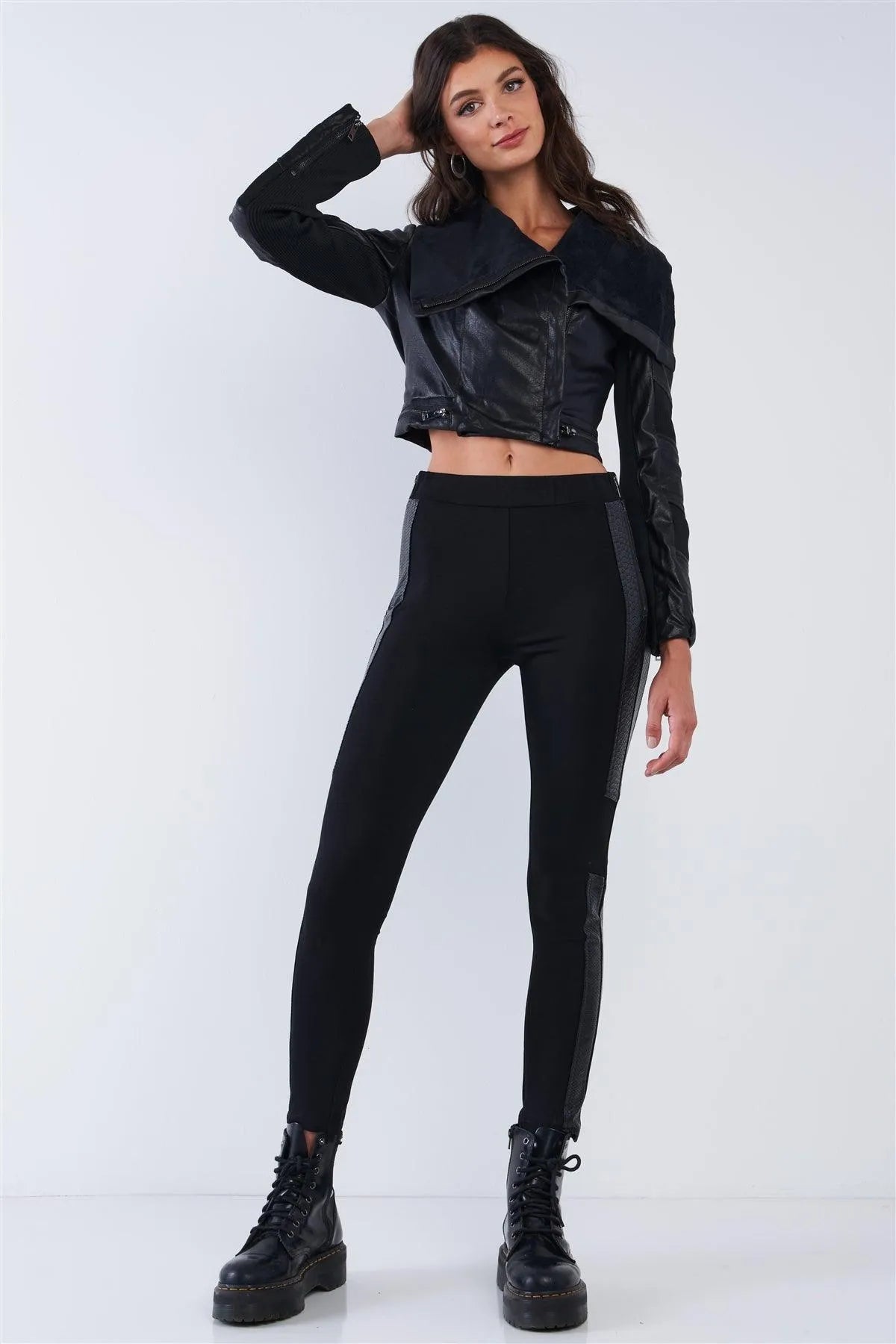 Black Vegan Leather Structured Oblique Front Zipper Double Sided Suede Lapel Collar Cropped Jacket /2-2-2 - Tasha Apparel Wholesale