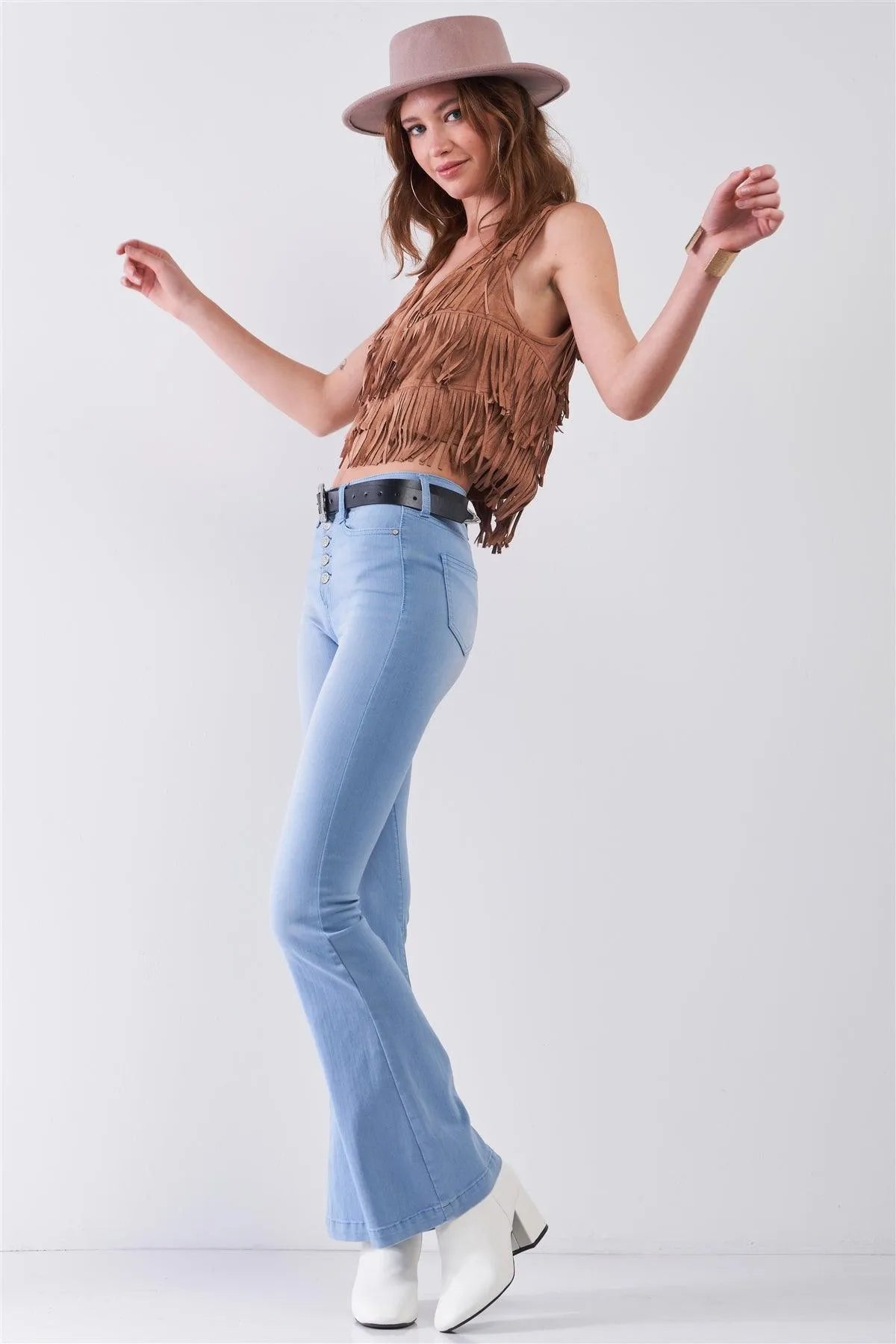 Wilder Than West Tan Suede Sleeveless V-Neck Fringe Trim Decorated Detail Crop Vest /1-1-2-1 - Tasha Apparel Wholesale