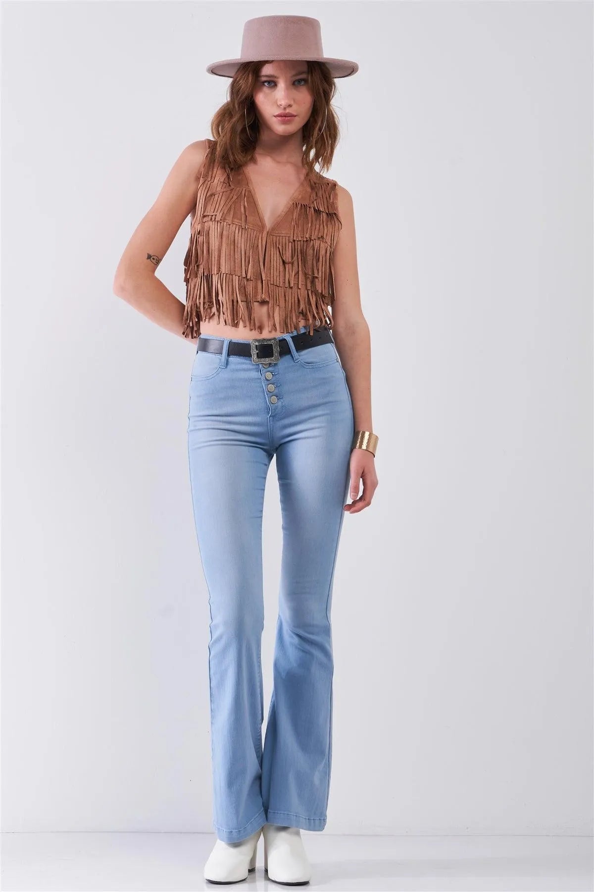 Wilder Than West Tan Suede Sleeveless V-Neck Fringe Trim Decorated Detail Crop Vest /1-2-2-1 - Tasha Apparel Wholesale
