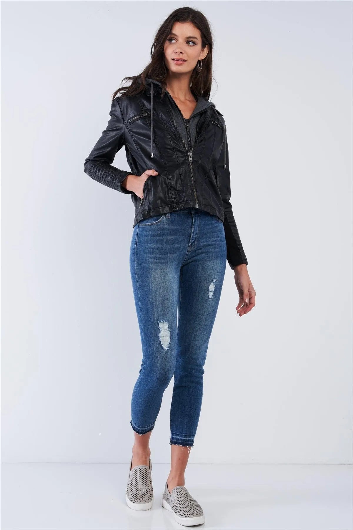 Black Vegan Leather Long Pleated Sleeve Hoodie Combo Jacket /2-2-2 - Tasha Apparel Wholesale