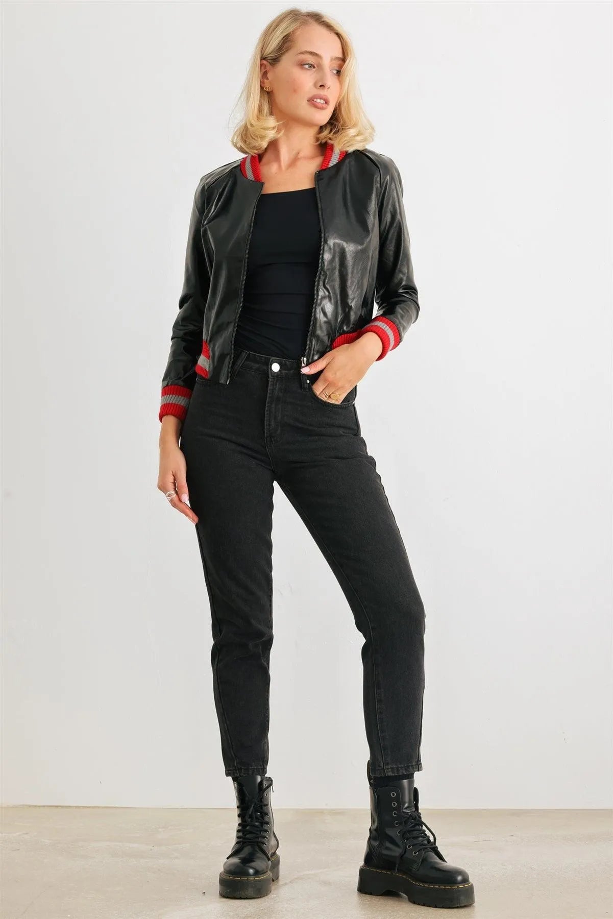 Black & Red Ribbed Vegan Leather Bomber Jacket - Tasha Apparel Wholesale