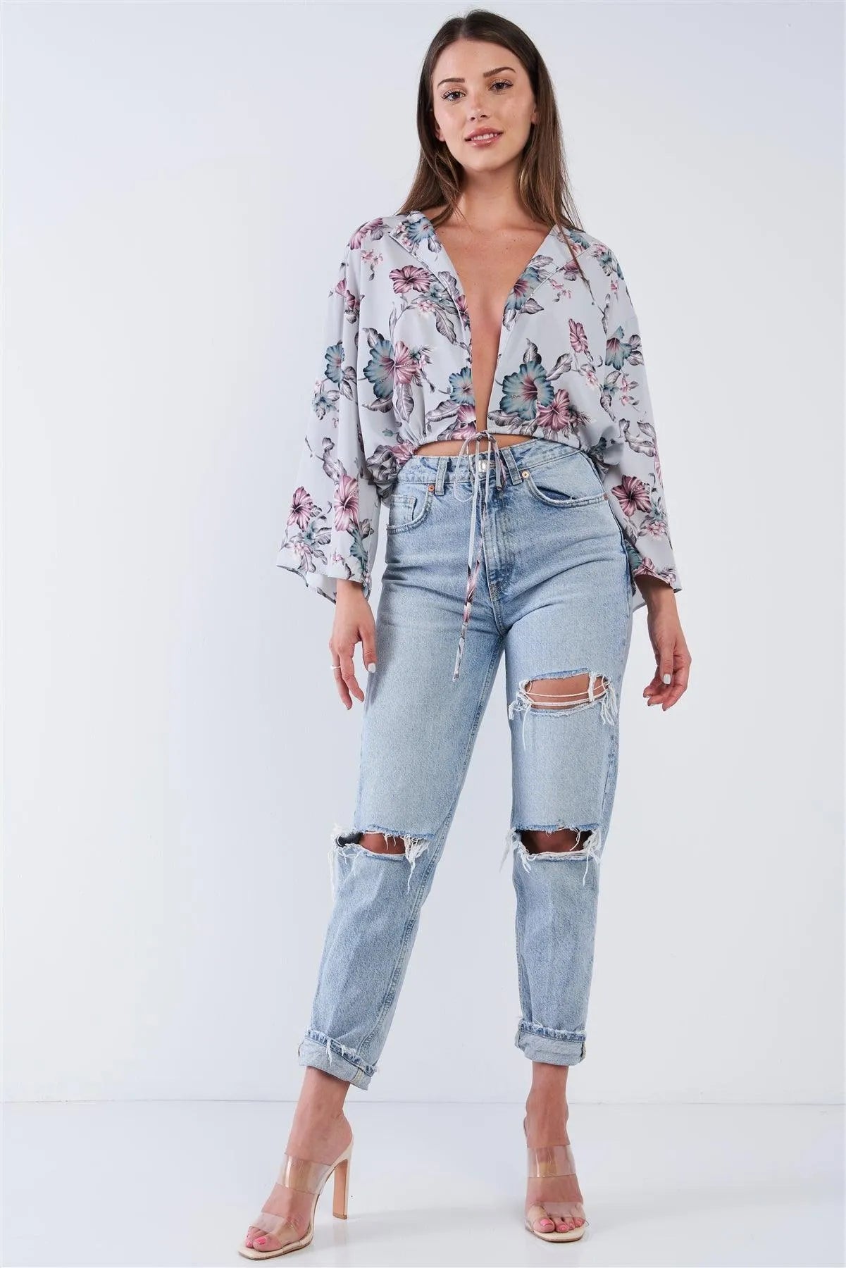 Grey Multi Color Floral Print Relaxed Fit Wide Sleeve Waistline Hem Self Tie Draw String Plunge Neck Sexy Summer Top /1-2-2-1 - Tasha Apparel Wholesale