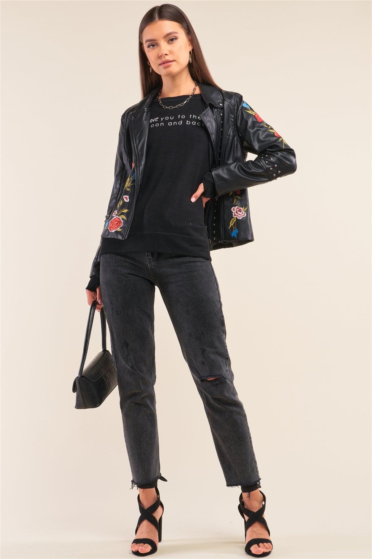 Black Metal Beads Detail Floral Embroidery Long "Tattooed" Sleeve Vegan Leather Jacket /1-1-1-1-1 - Tasha Apparel Wholesale