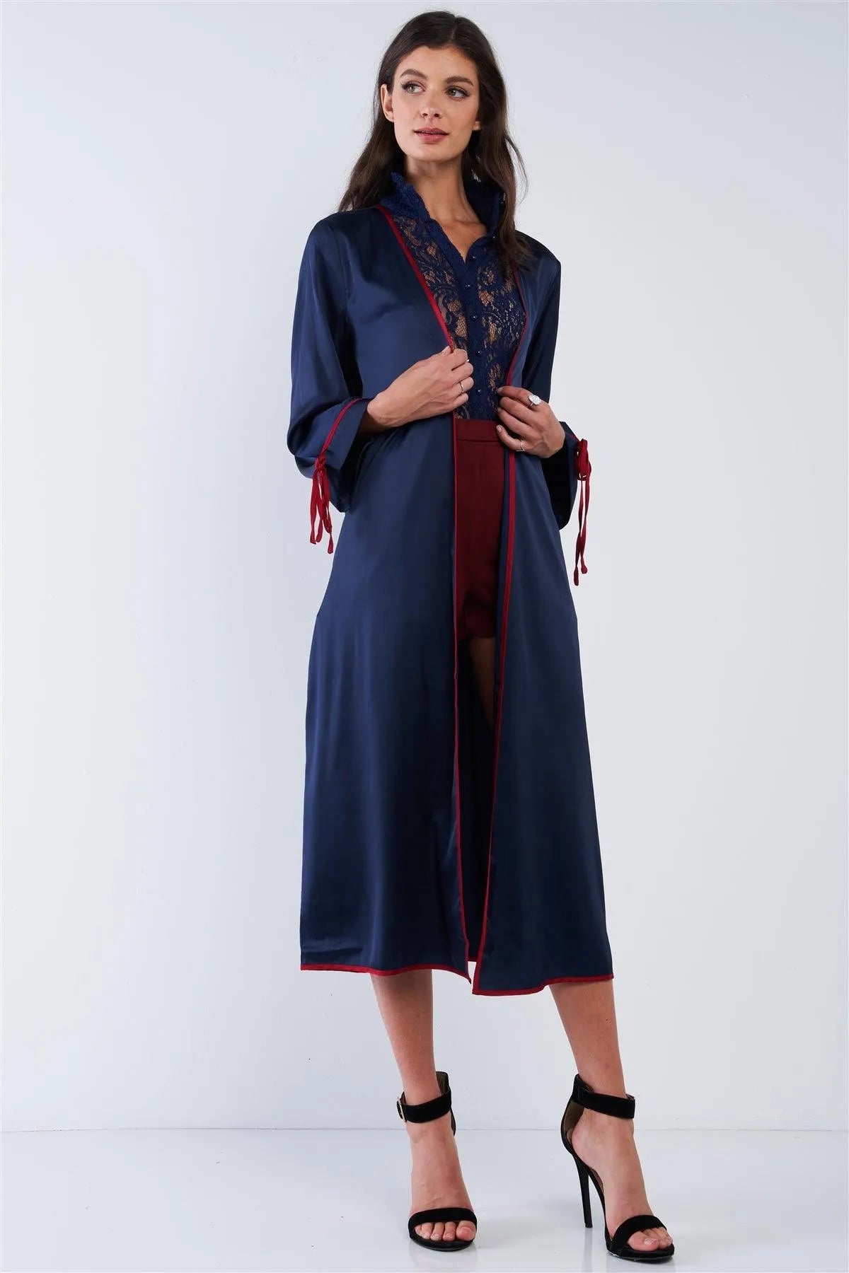 Navy Blue Satin Open Front Long Sleeve Red Self Tie String Detail Kimono Inspired Midi Cover Up /2-1-1 - Tasha Apparel Wholesale