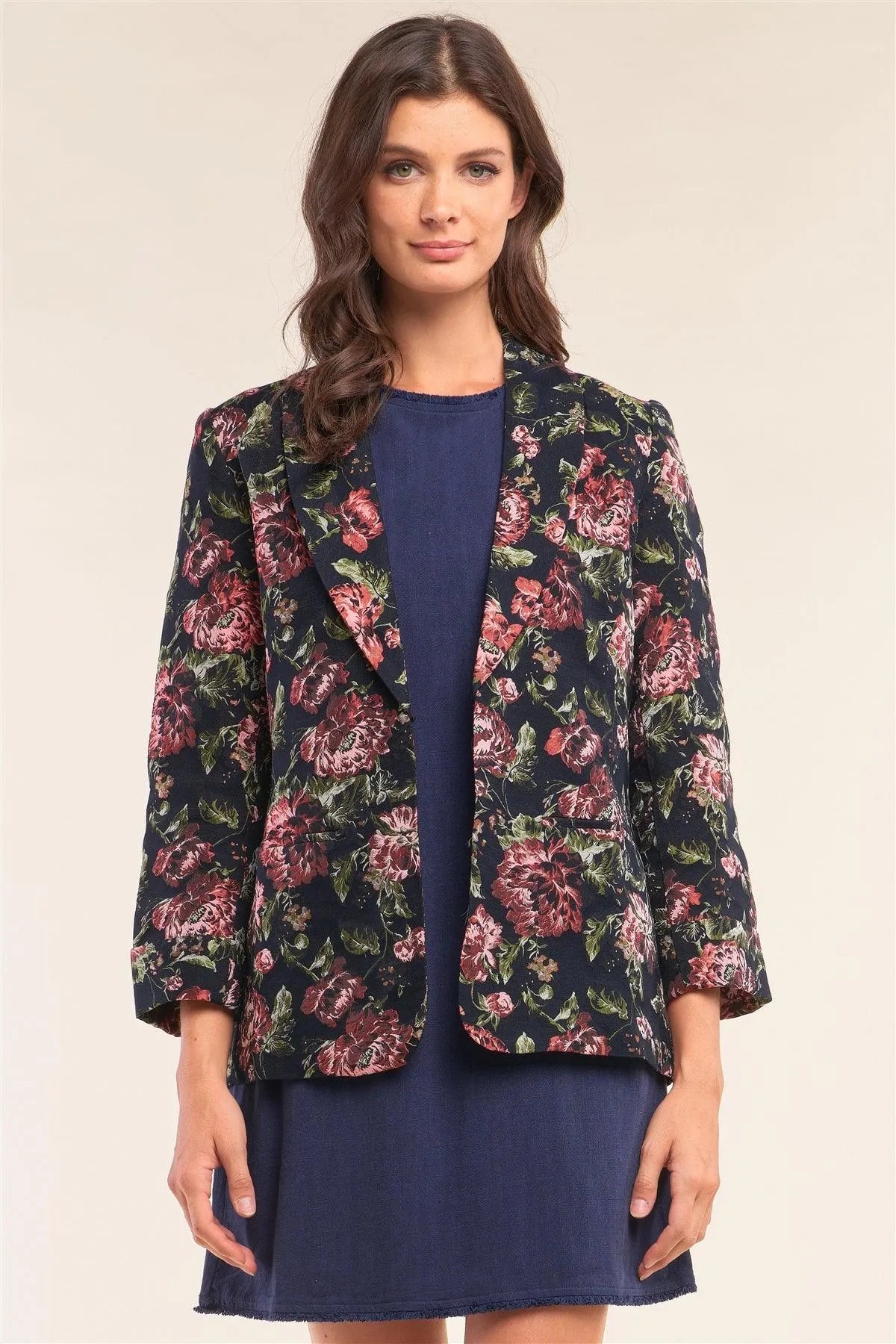 Black Multicolor Floral Brocade Open Front Vintage Chic Blazer /2-2-1 - Tasha Apparel Wholesale