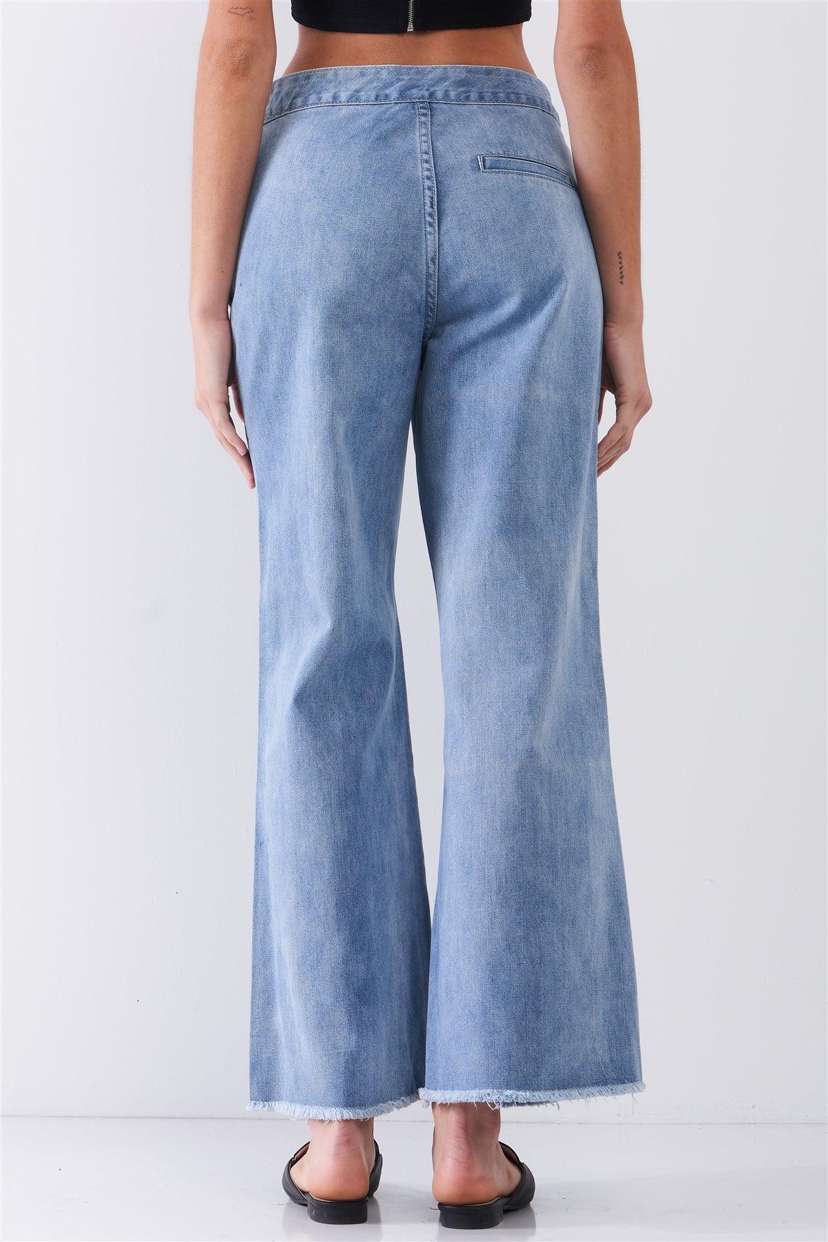 Mid Blue Denim Low-Rise Raw Hem Detail Side Zip-Up Basic Flare Jean Pants