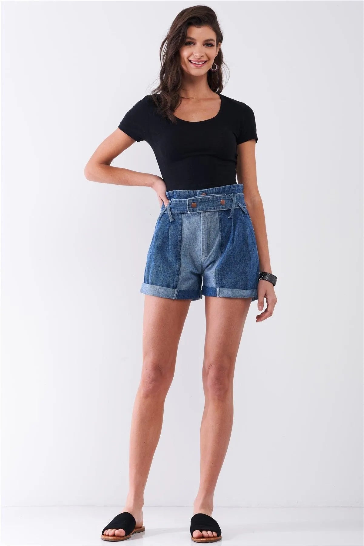 Mid-Blue Two Tone Wash High-Waisted Cuffed Denim Mom Shorts /1-1-2-2-1-1 - Tasha Apparel Wholesale