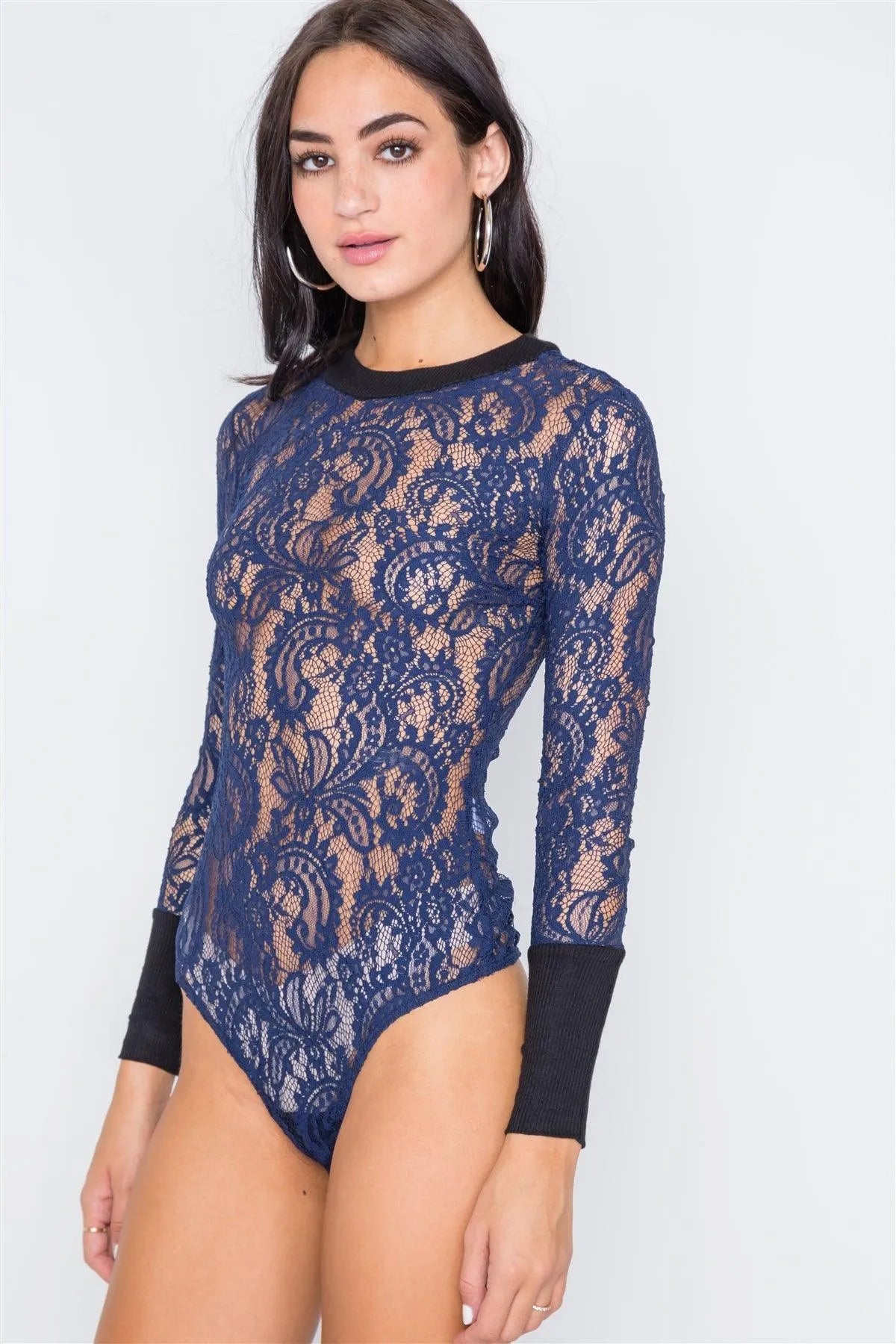 Navy Blue Contrast Cuffs Sheer Lace Bodysuit - Tasha Apparel Wholesale