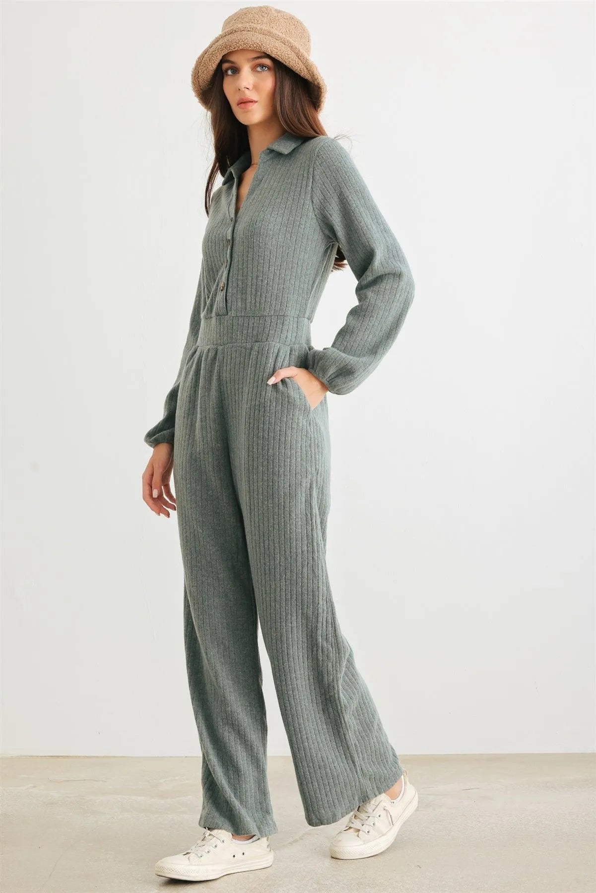 Jade Ribbed Knit Button-Up Collared Neck Two Pocket Jumpsuit /2-2-2 - Tasha Apparel Wholesale