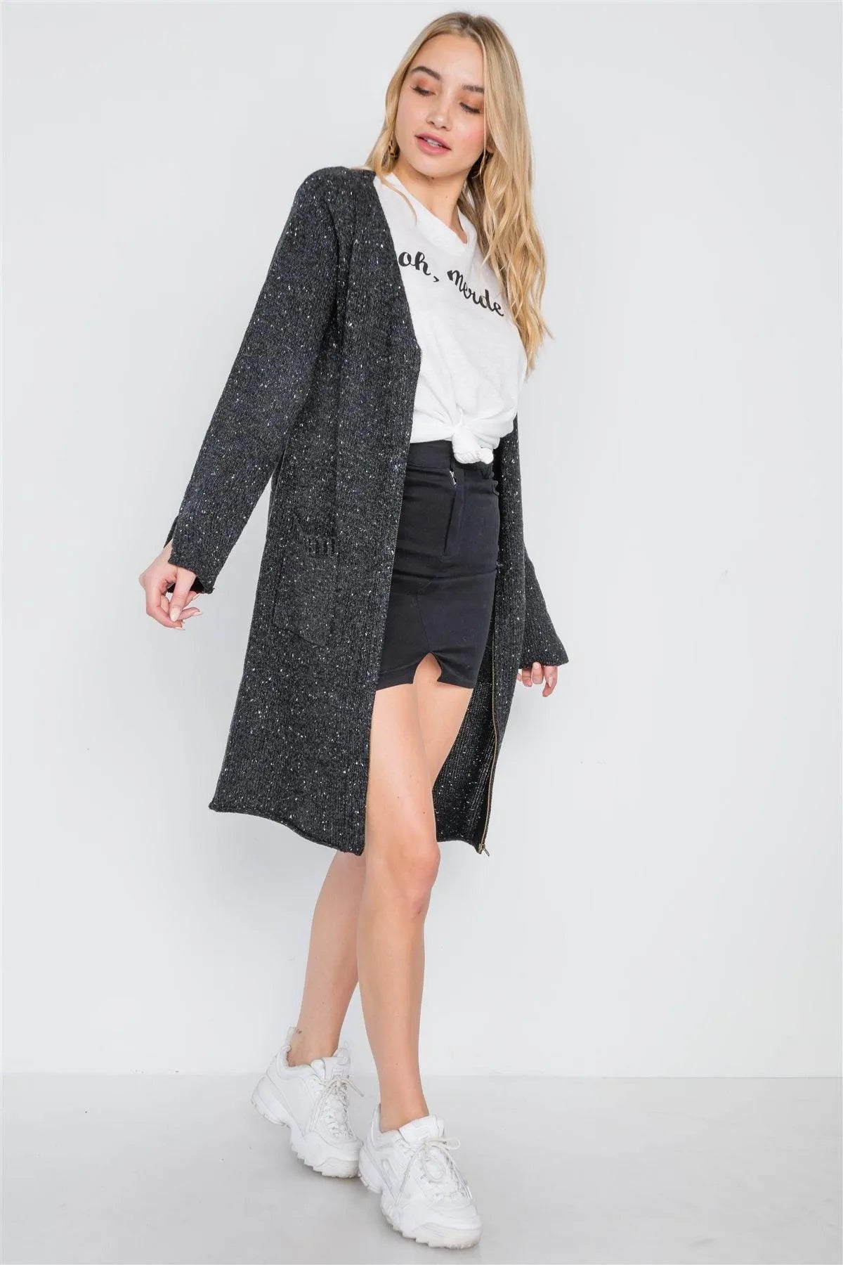Black Heathered Long Sleeve Zip-Up Cardigan /2-2-2 - Tasha Apparel Wholesale