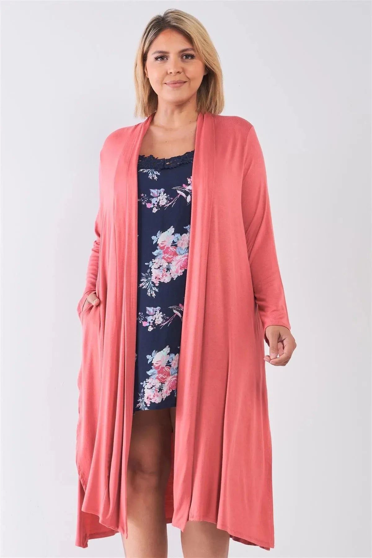 Plus Size Rust Long Sleeve Open Front Drape Cardigan /2-2-2 - Tasha Apparel Wholesale