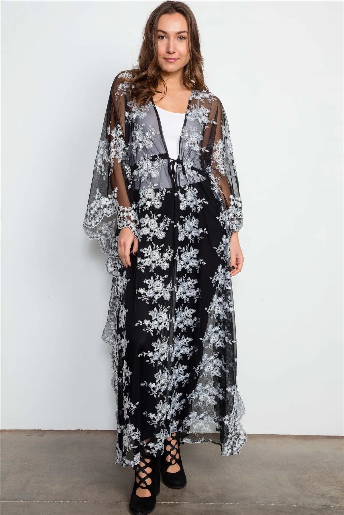 Black Sheer White Floral Embroidered Lace Kimono Cover Up Kaftan - Tasha Apparel Wholesale