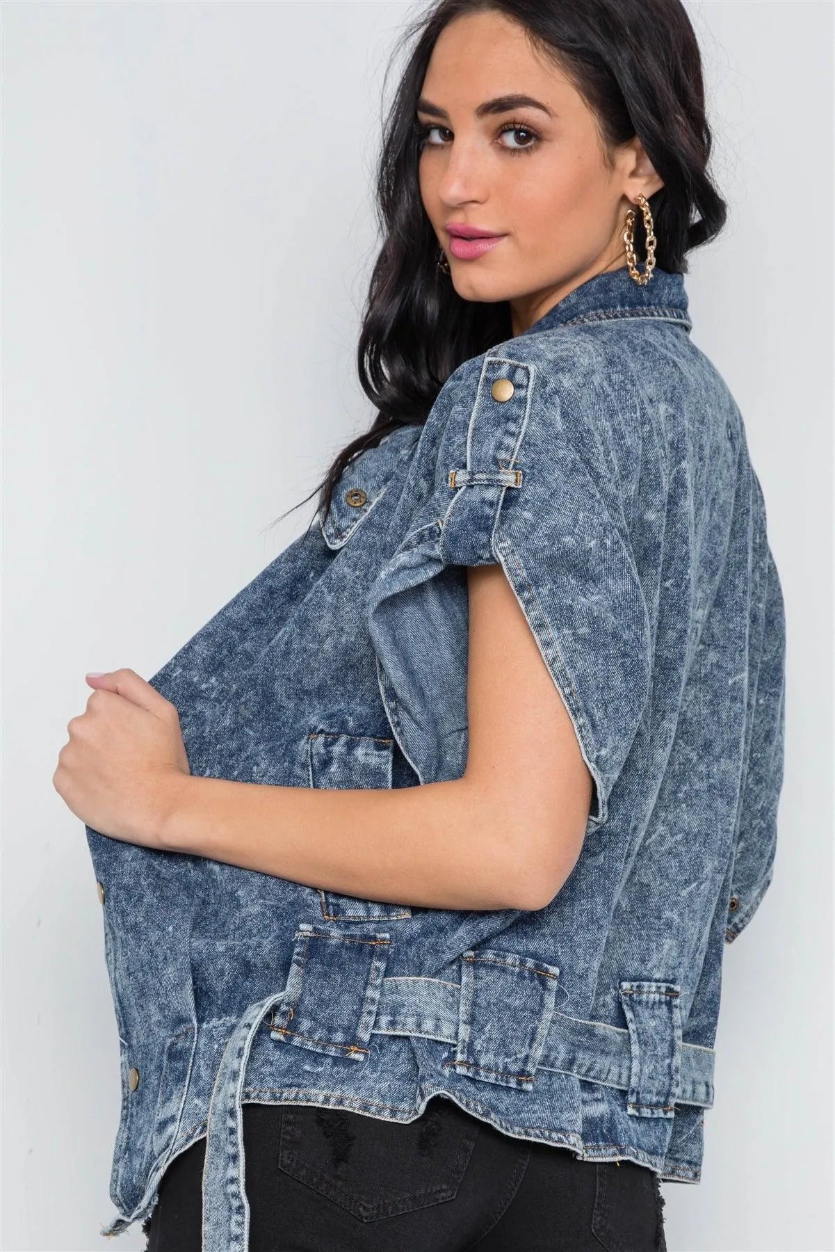 Dark Blue Denim Batwing Snap Button Retro Jacket /2-2-2 - Tasha Apparel Wholesale