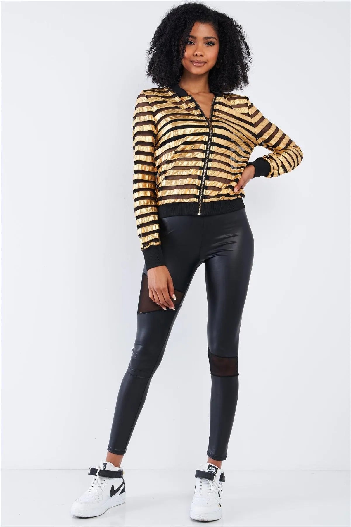 Black And Gold Horizontal Stripe Semi-Sheer Mesh Throw On Jacket /2-2-2 - Tasha Apparel Wholesale