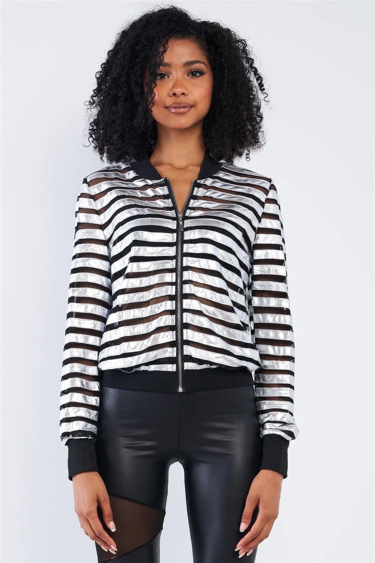 Silver Lining Black And Silver Horizontal Stripe Semi-Sheer Mesh Throw On Jacket /2-2-2 - Tasha Apparel Wholesale