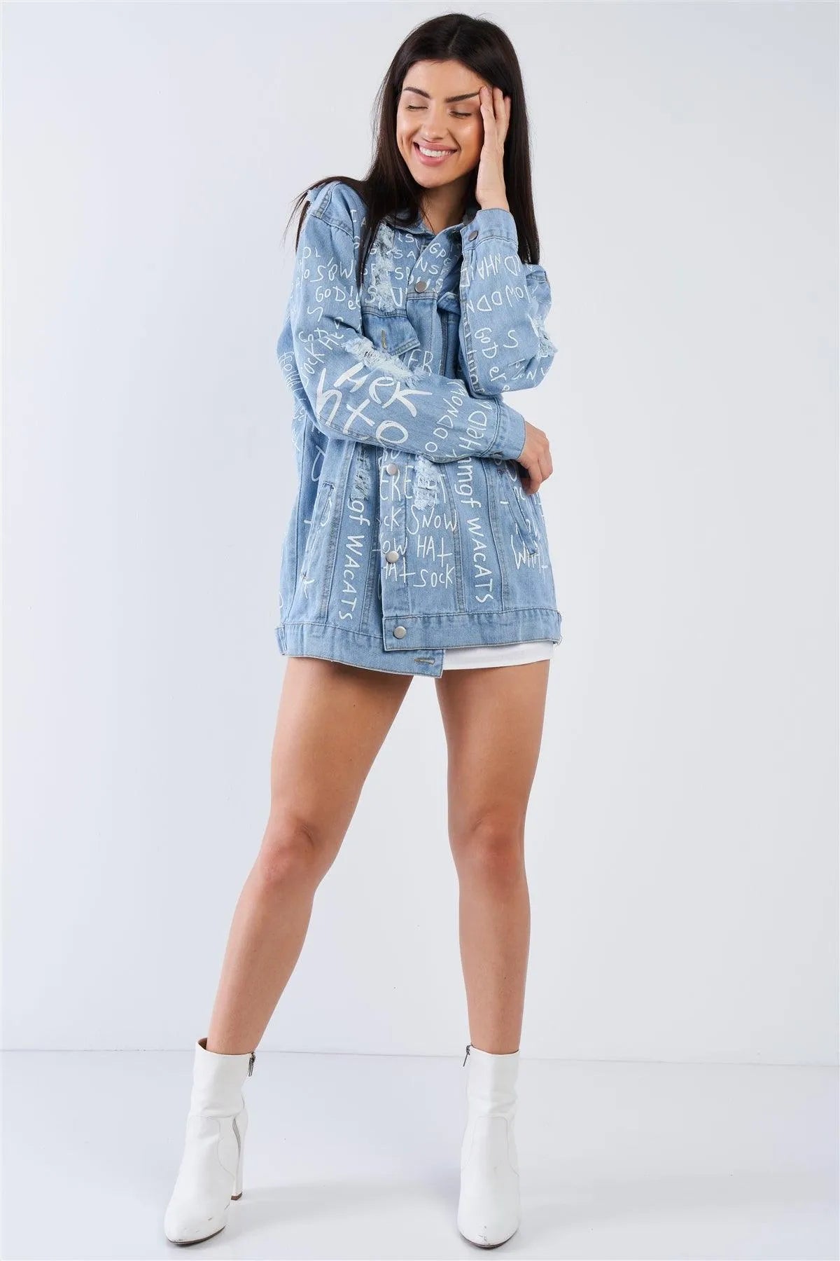 Oversized Graffiti Print Light Denim Jacket /2-2-2 - Tasha Apparel Wholesale