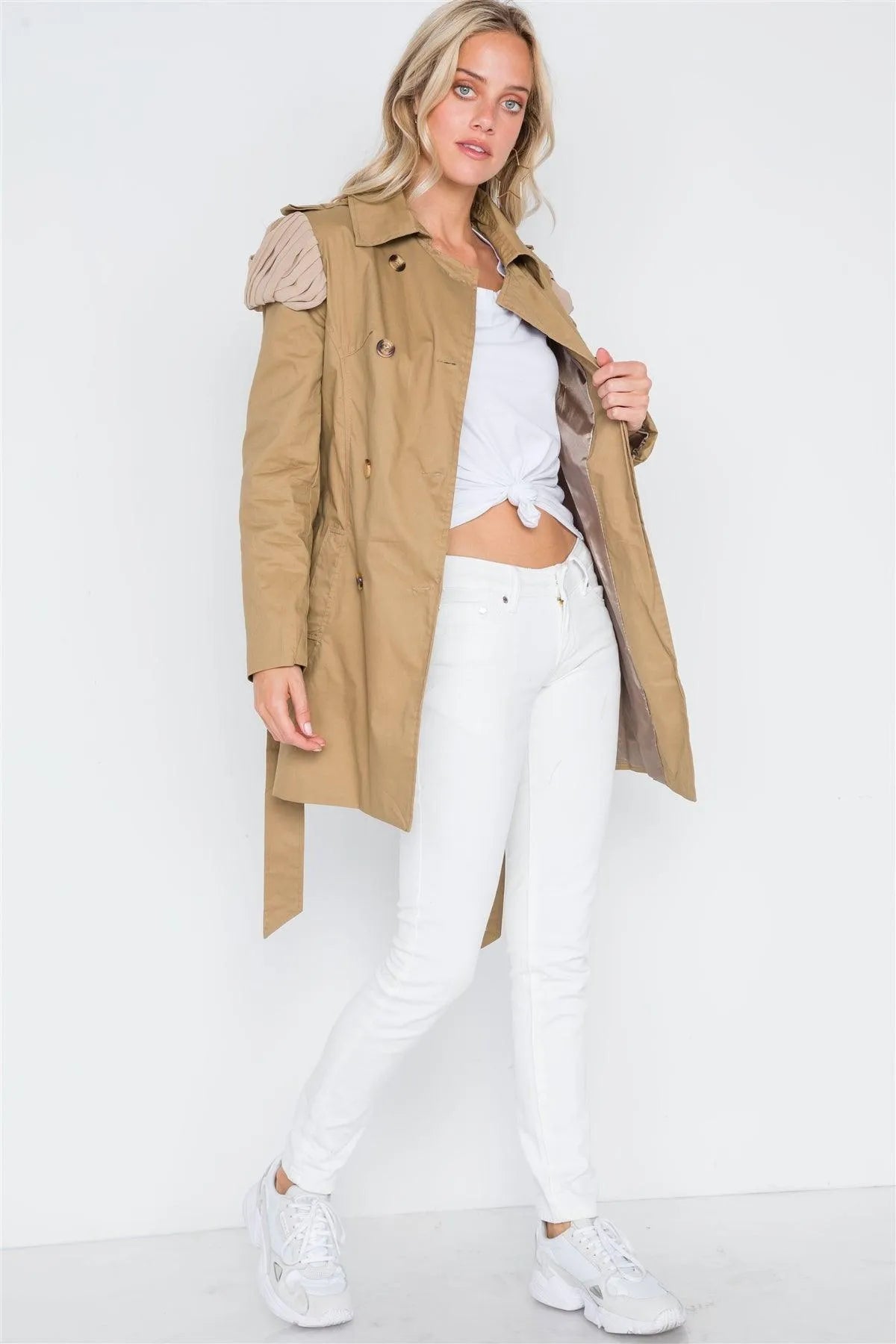 Khaki Double Breasted Long Sleeve Trench Coat /2-2-2 - Tasha Apparel Wholesale