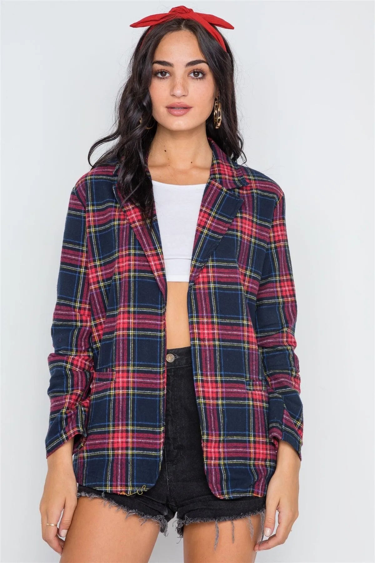 Navy Plaid Open Front Long Sleeve Blazer /2-1-3 - Tasha Apparel Wholesale