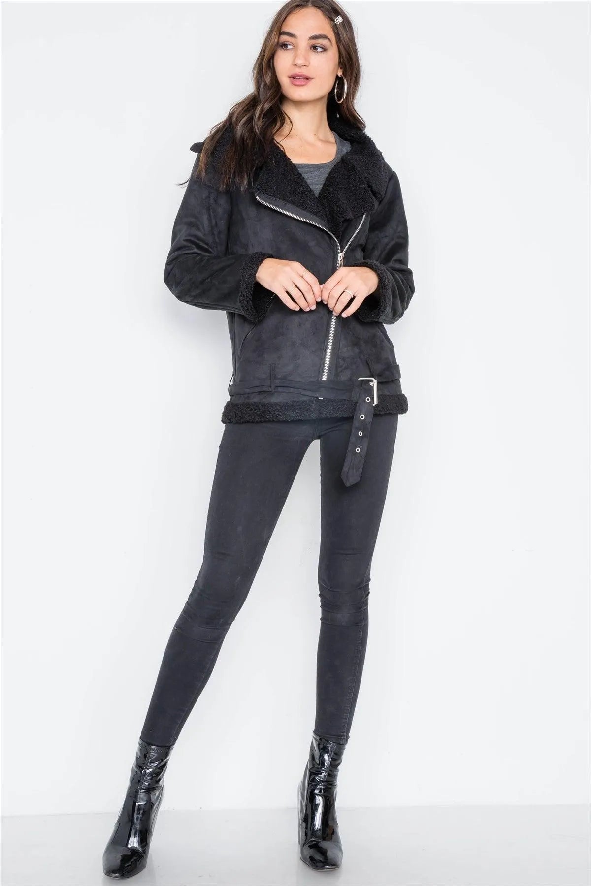 Black Faux Fur Moto Zip-Front Jacket /2-2-2 - Tasha Apparel Wholesale