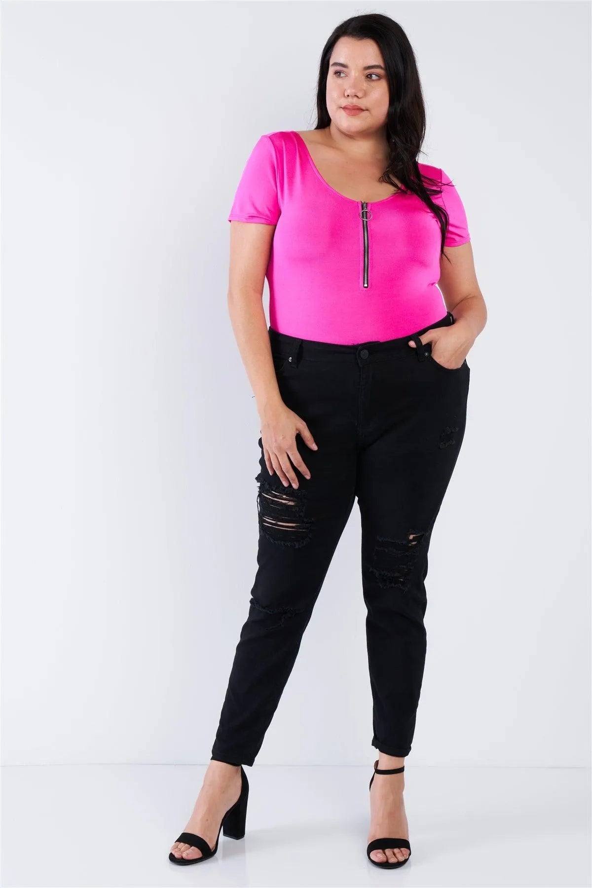Fuchsia Pink Plus Size Front Zip Short Sleeve Bodysuit /2-2 - Tasha Apparel Wholesale