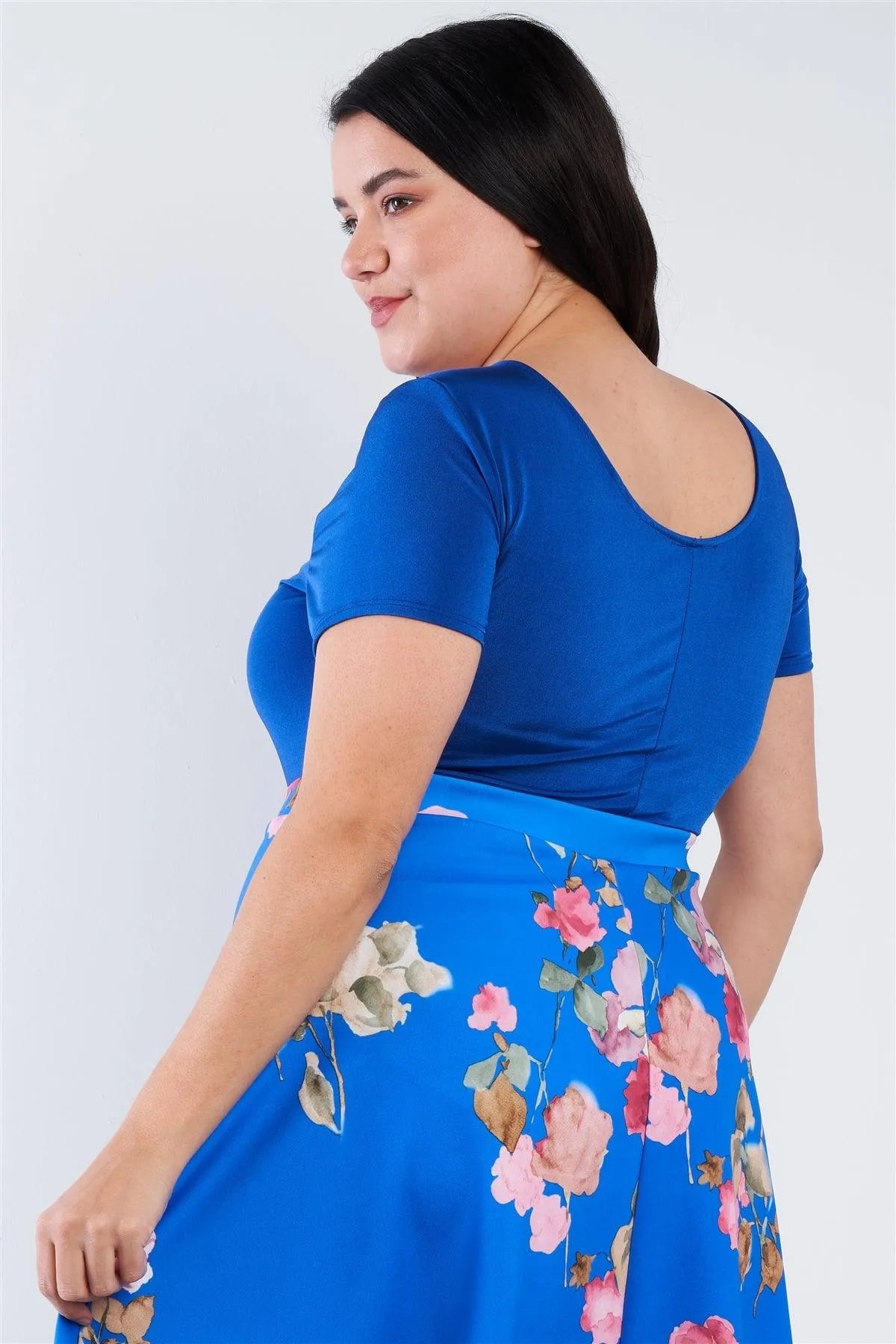 Royal Blue Junior Plus Size Front Zip Short Sleeve Bodysuit /1-1-2 - Tasha Apparel Wholesale