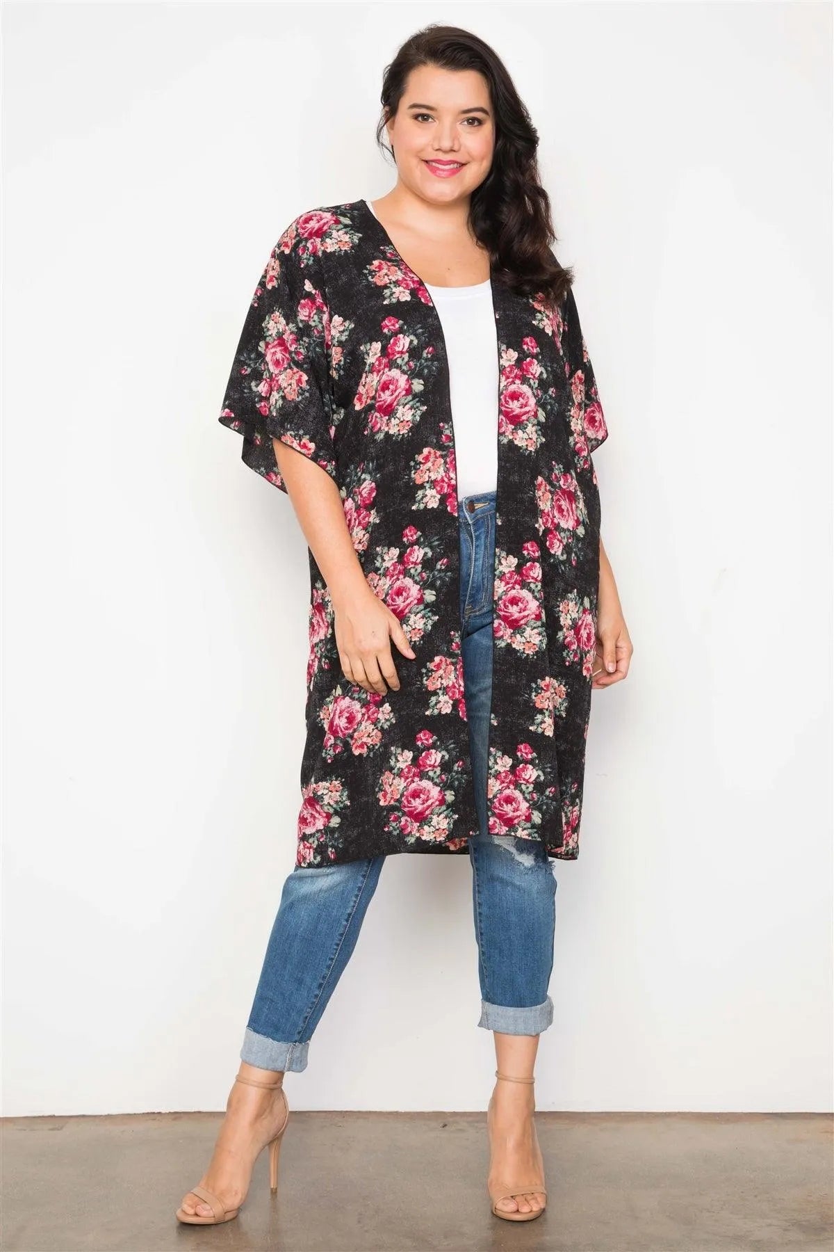 Plus Size Black Floral Print Boho Short Sleeve Cardigan /2-2-2 - Tasha Apparel Wholesale