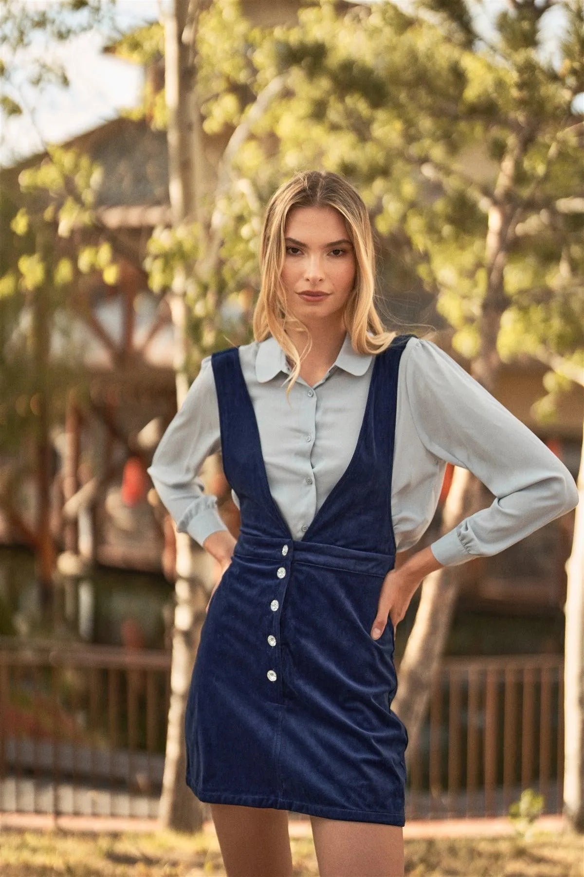 Navy Blue Corduroy Sleeveless V-Cut Faux Diamond Trim Overall Mini Dress /3-2-1 Navy Blue Corduroy Sleeveless V-Cut Faux Diamond Trim Overall Mini Dress /3-2-1