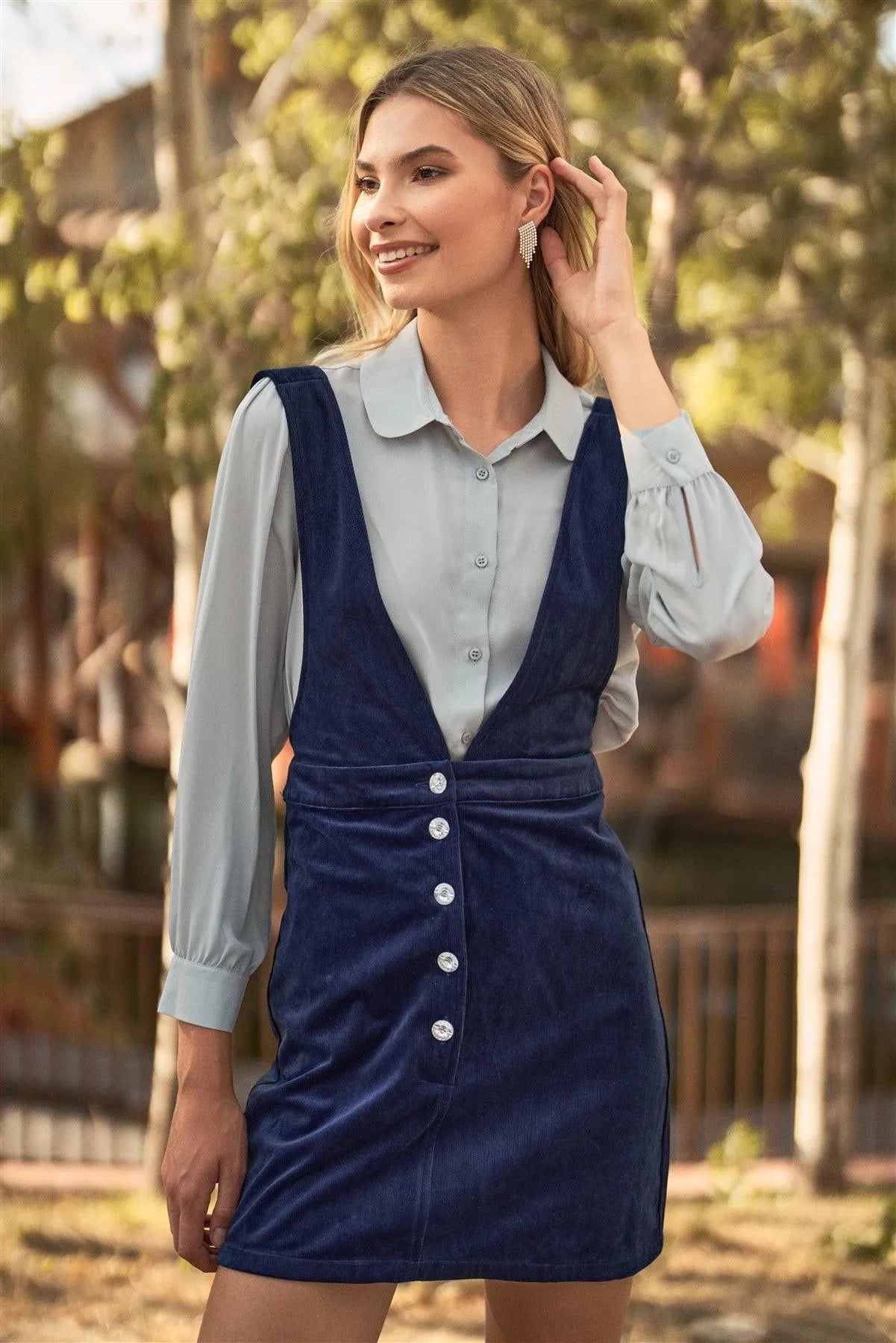 Navy Blue Corduroy Sleeveless V-Cut Faux Diamond Trim Overall Mini Dress /3-2-1 - Tasha Apparel Wholesale