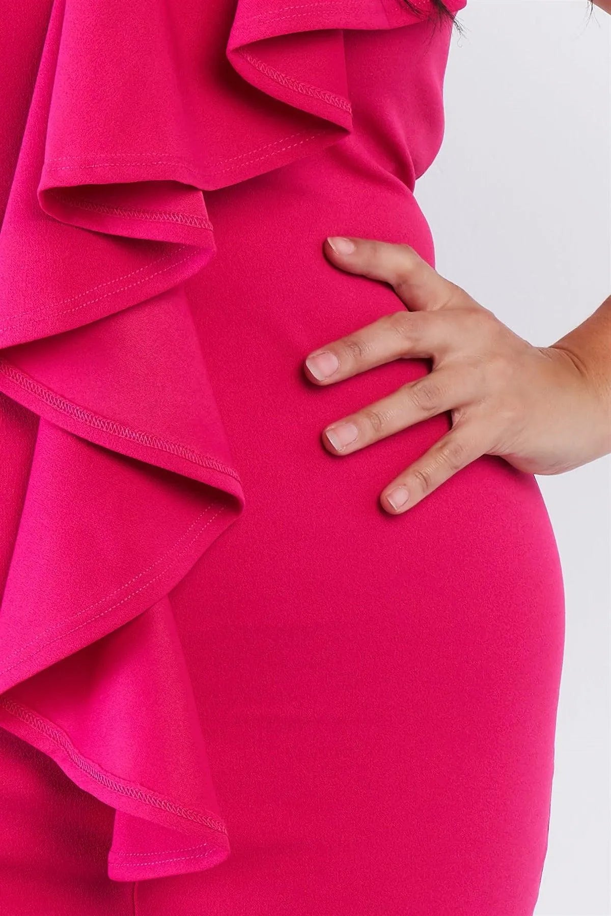 Junior Plus Size Fuchsia Bodycon Ruffle Front Midi Dress - Tasha Apparel Wholesale