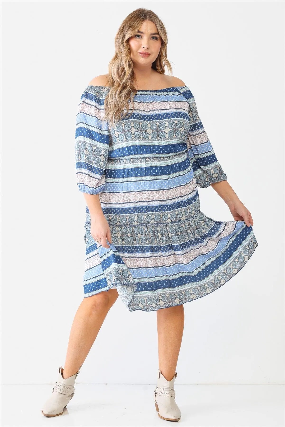 Junior Plus Blue Combo Printed Textured Ruffle Flare Hem Mini Dress /2-2-1 - Tasha Apparel Wholesale