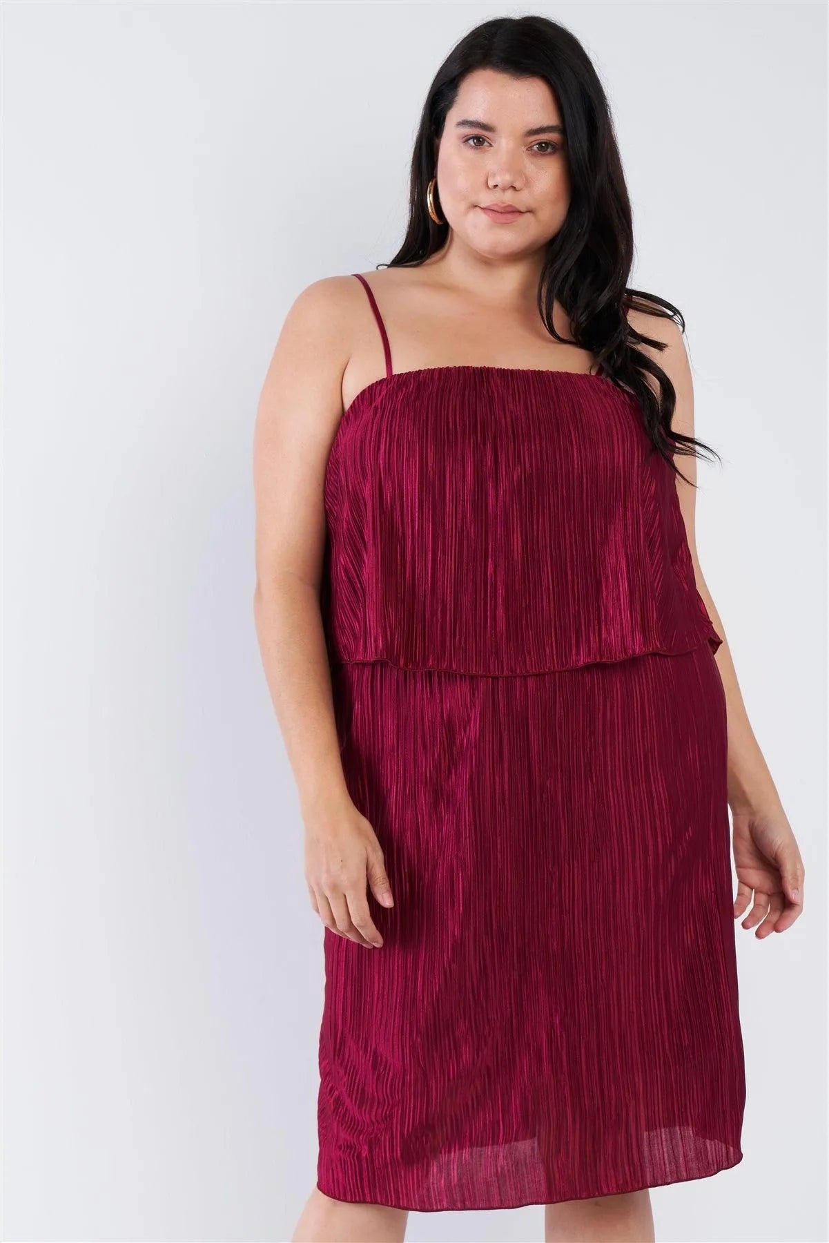 Plus Size Wine Scrunch Texture Layered Midi Dress - Tasha Apparel Wholesale