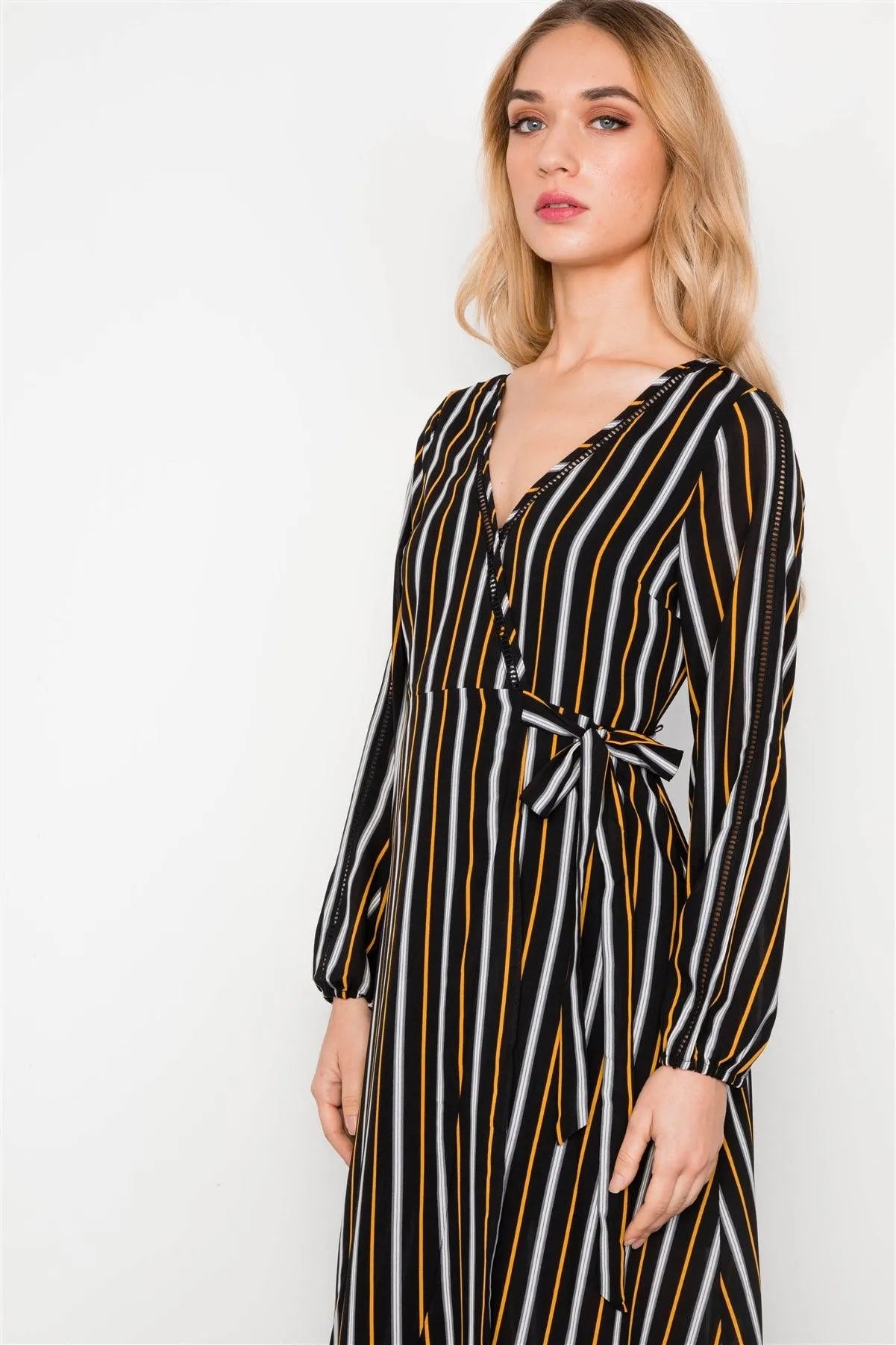 Black Orange Stripe Wrap Around Hi-Low Ladder Trim Maxi Dress / 2-2-2 - Tasha Apparel Wholesale