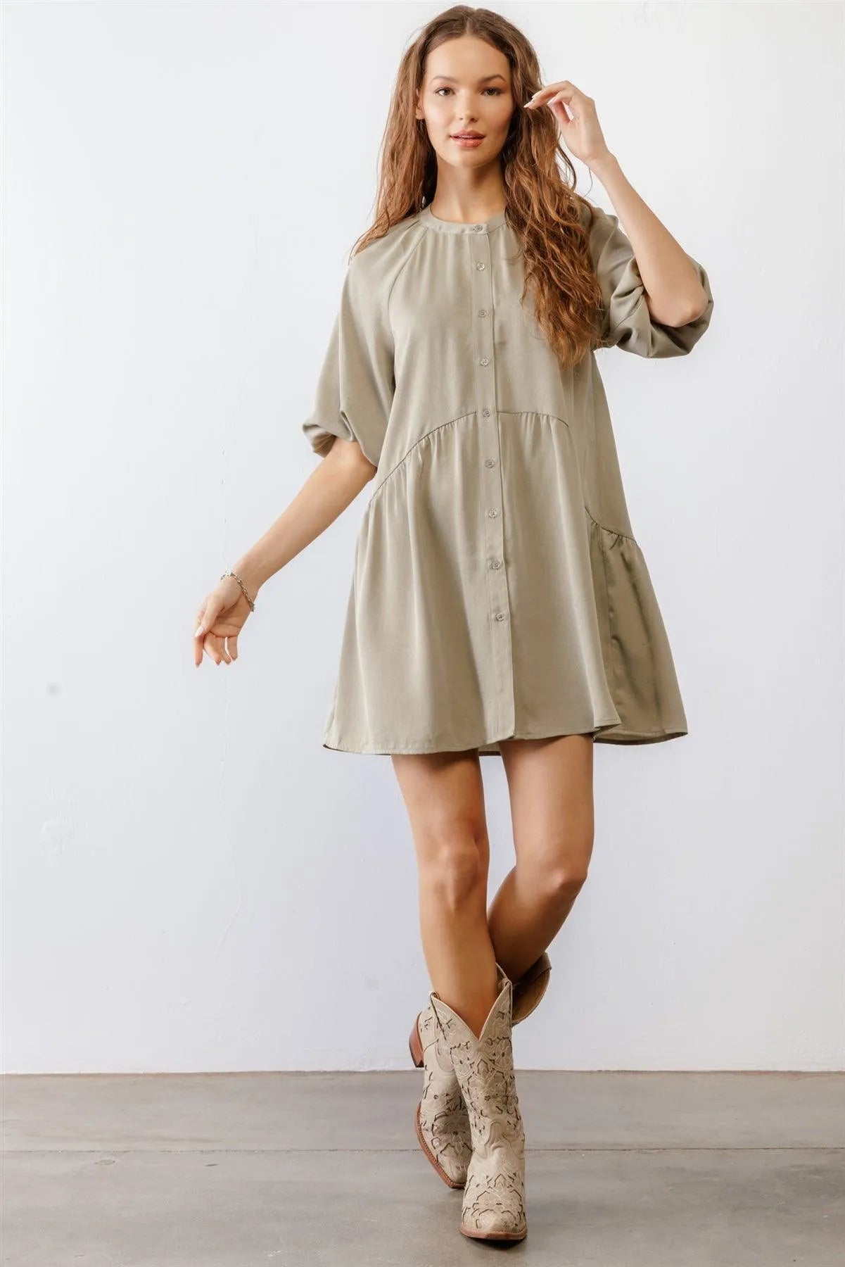 Dark Sage Satin Button-Up Puff Midi Sleeve Relaxed Fit Mini Dress /2-2-2 - Tasha Apparel Wholesale