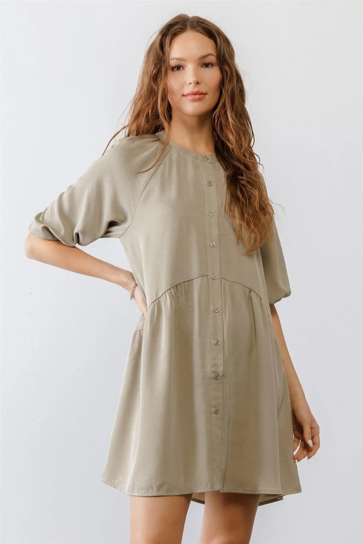 Dark Sage Satin Button-Up Puff Midi Sleeve Relaxed Fit Mini Dress /3-2-2 - Tasha Apparel Wholesale