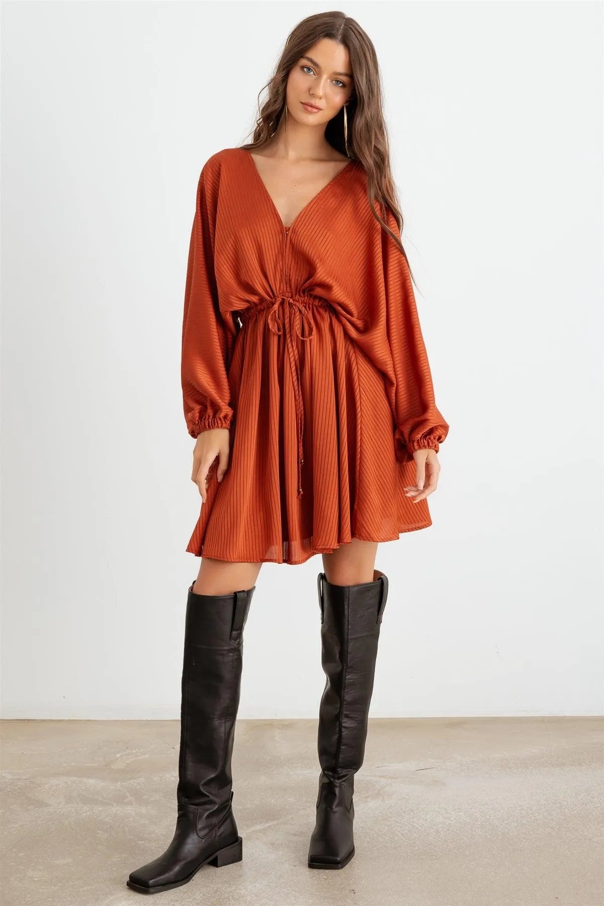Rust Striped Batwing Sleeve Wrap Tie Back Mini Dress /2-2-2 - Tasha Apparel Wholesale