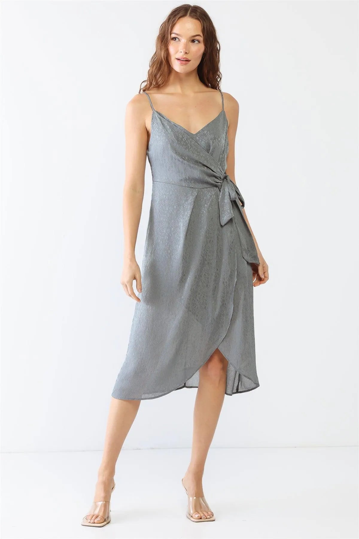Grey Floral Print Satin Wrap V-Neck Strappy Wrap Midi Dress /2-2-2 - Tasha Apparel Wholesale