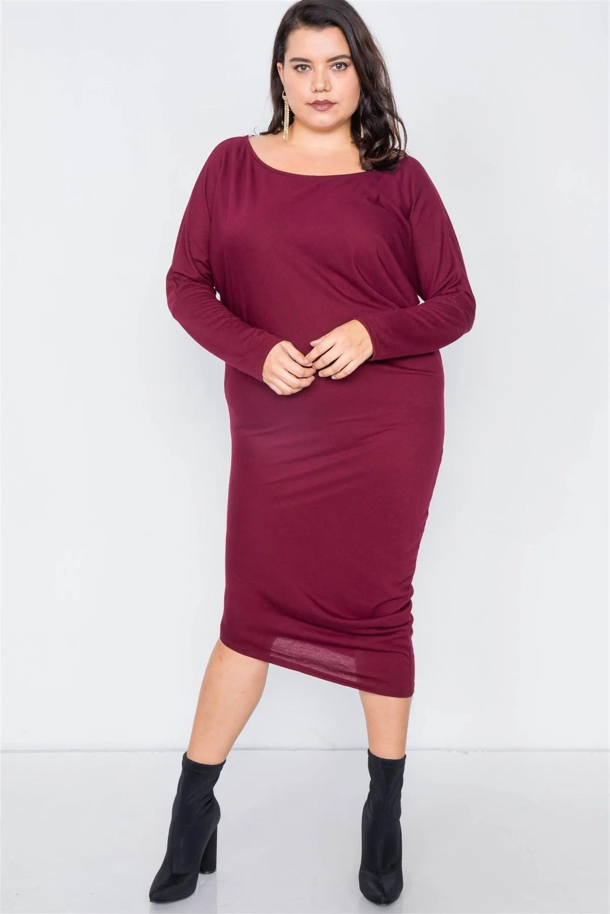 Junior Plus Size Burgundy Semi-Sheer Asymmetrical Midi Bodycon Dress /2-2-2 - Tasha Apparel Wholesale