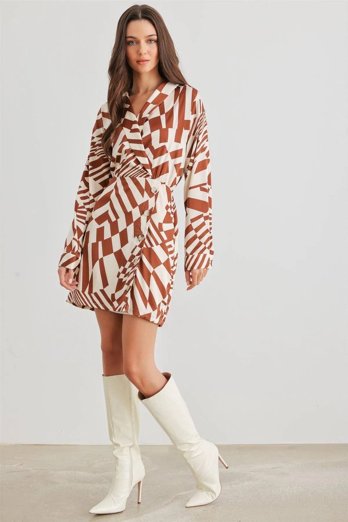 Ivory & Brown Abstract Satin Wrap Neck Button Mini Dress /2-2-2 - Tasha Apparel Wholesale