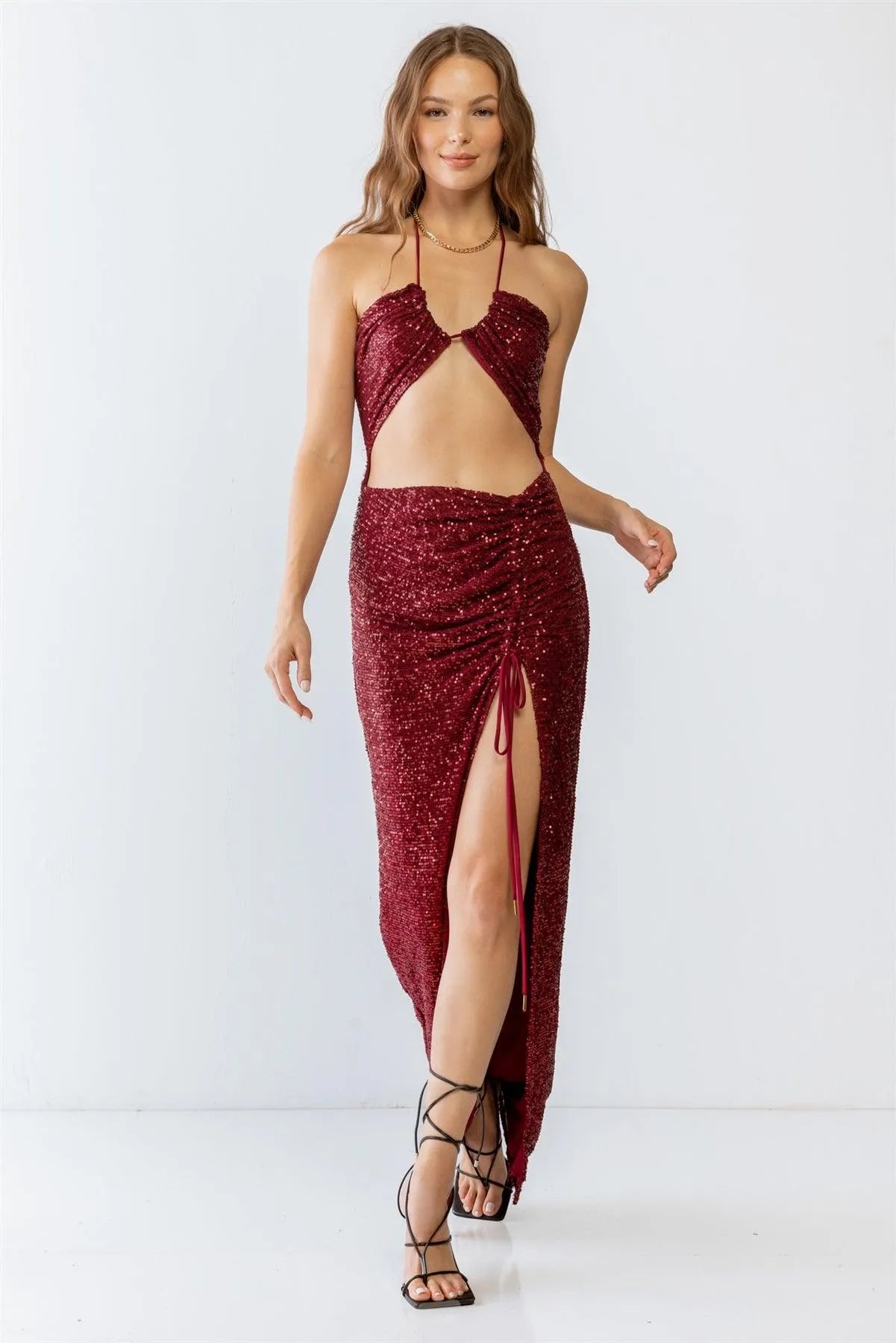 Burgundy Sequin Halter Neck Sleeveless Cut-Out & Ruched Detail Maxi Dress /3-2-1 Burgundy Sequin Halter Neck Sleeveless Cut-Out & Ruched Detail Maxi Dress /3-2-1