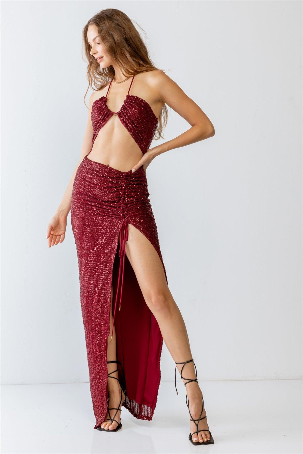 Burgundy Sequin Halter Neck Sleeveless Cut-Out & Ruched Detail Maxi Dress /3-2-1