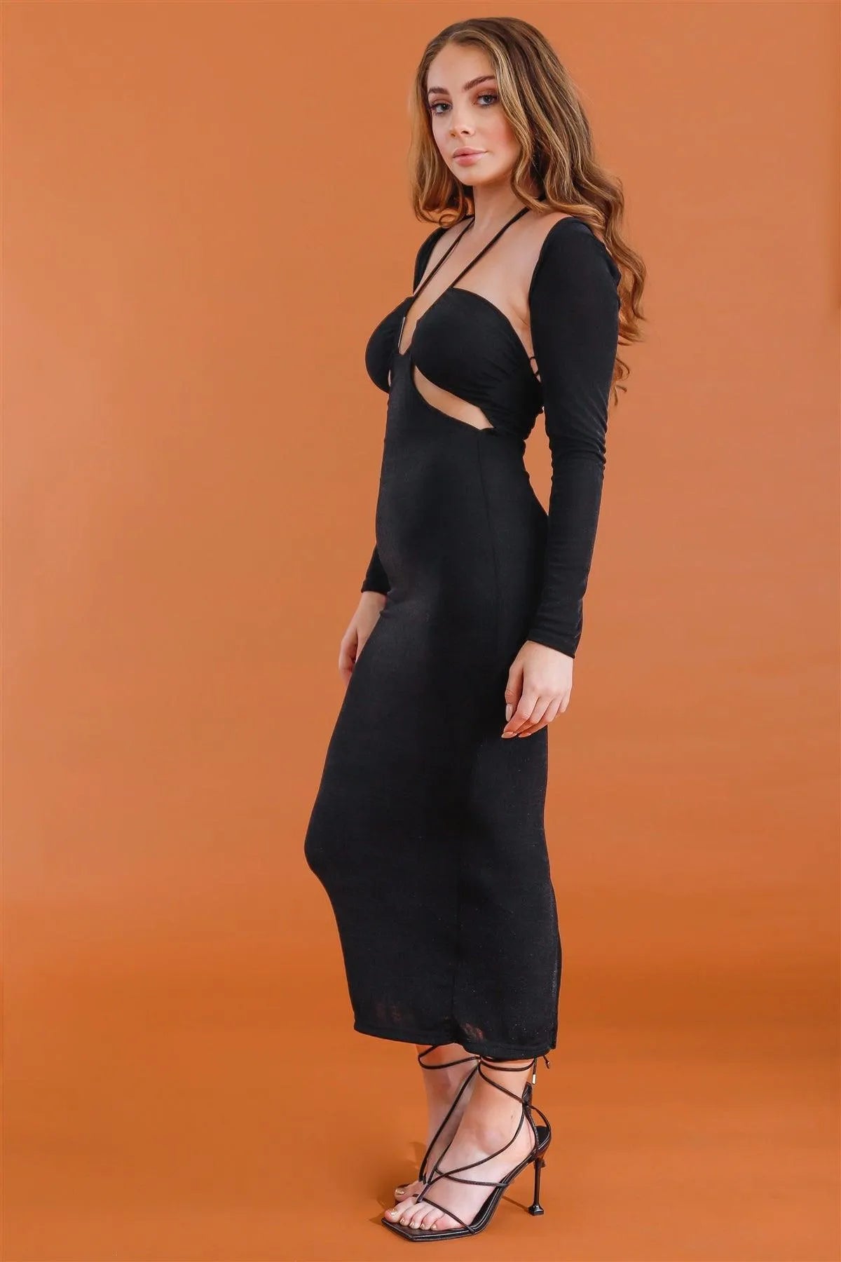 Black Cut-Out Sleeveless Midi Dress & Open Front Long Sleeve Cover-Up Set /3-2-1 - Tasha Apparel Wholesale
