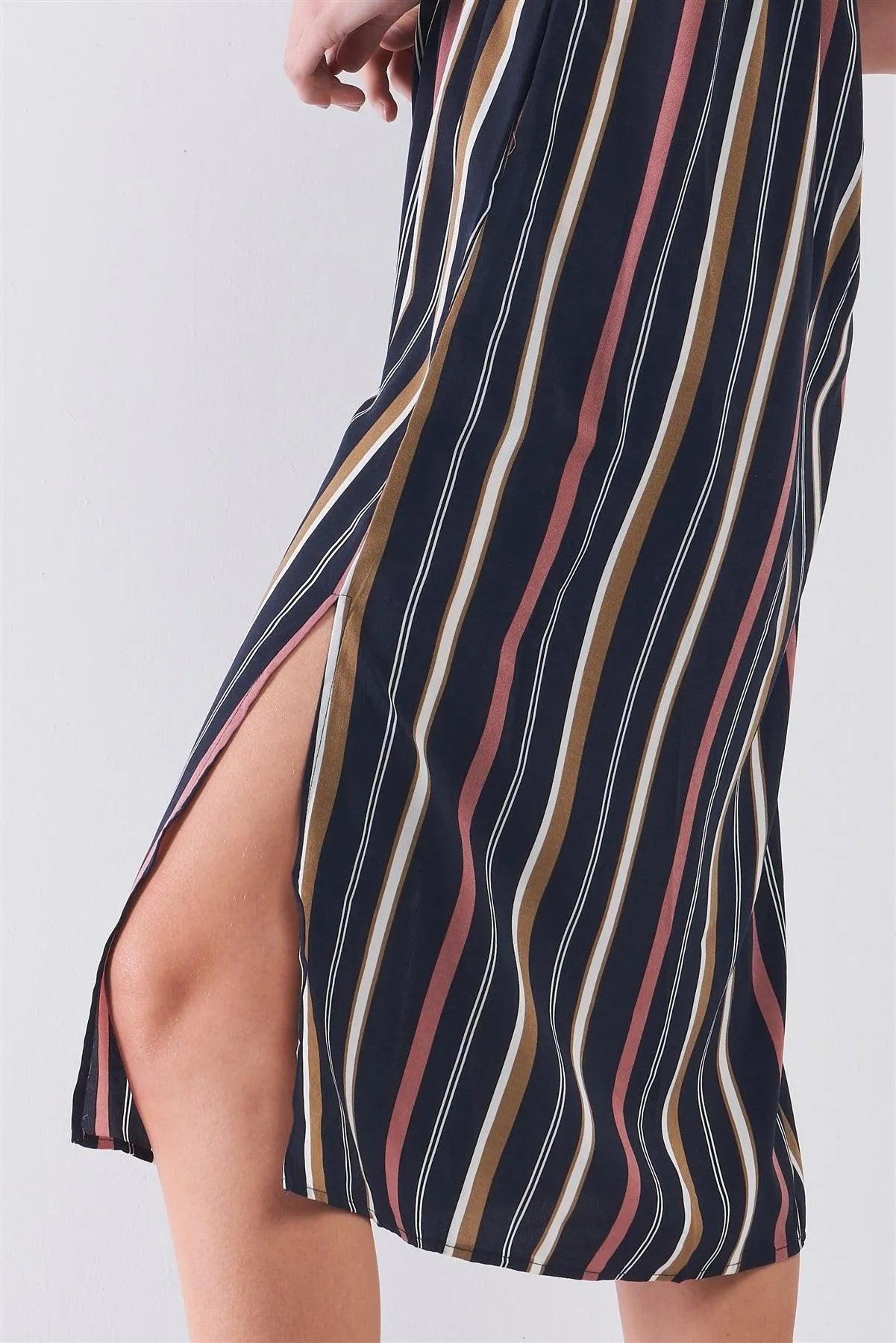 Navy Multicolor Stripe Sleeveless One-Shoulder Ruffle Detail Side Slit Midi Dress /3-2-1 - Tasha Apparel Wholesale