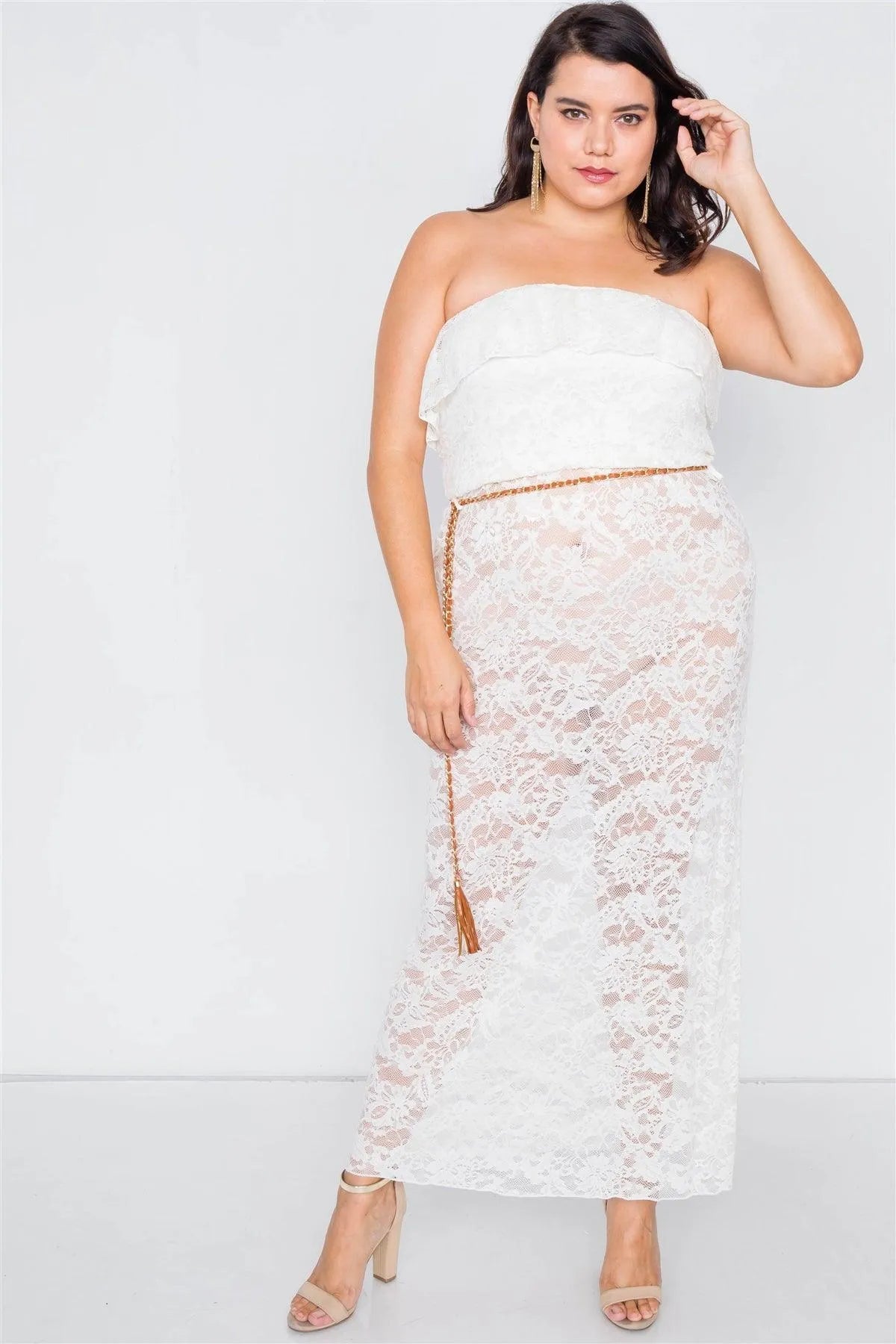 Junior Plus Size Ivory Sheer Floral Lace Tube Top Maxi Dress /3-2-1 - Tasha Apparel Wholesale