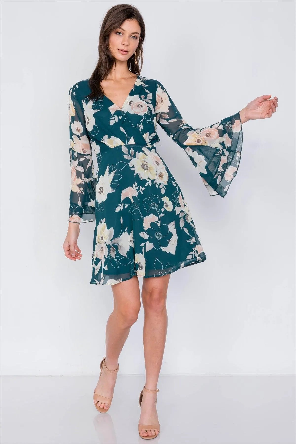 Green Floral Print Bell Sleeve Fit & Flare Mini Dress /2-2-2 - Tasha Apparel Wholesale