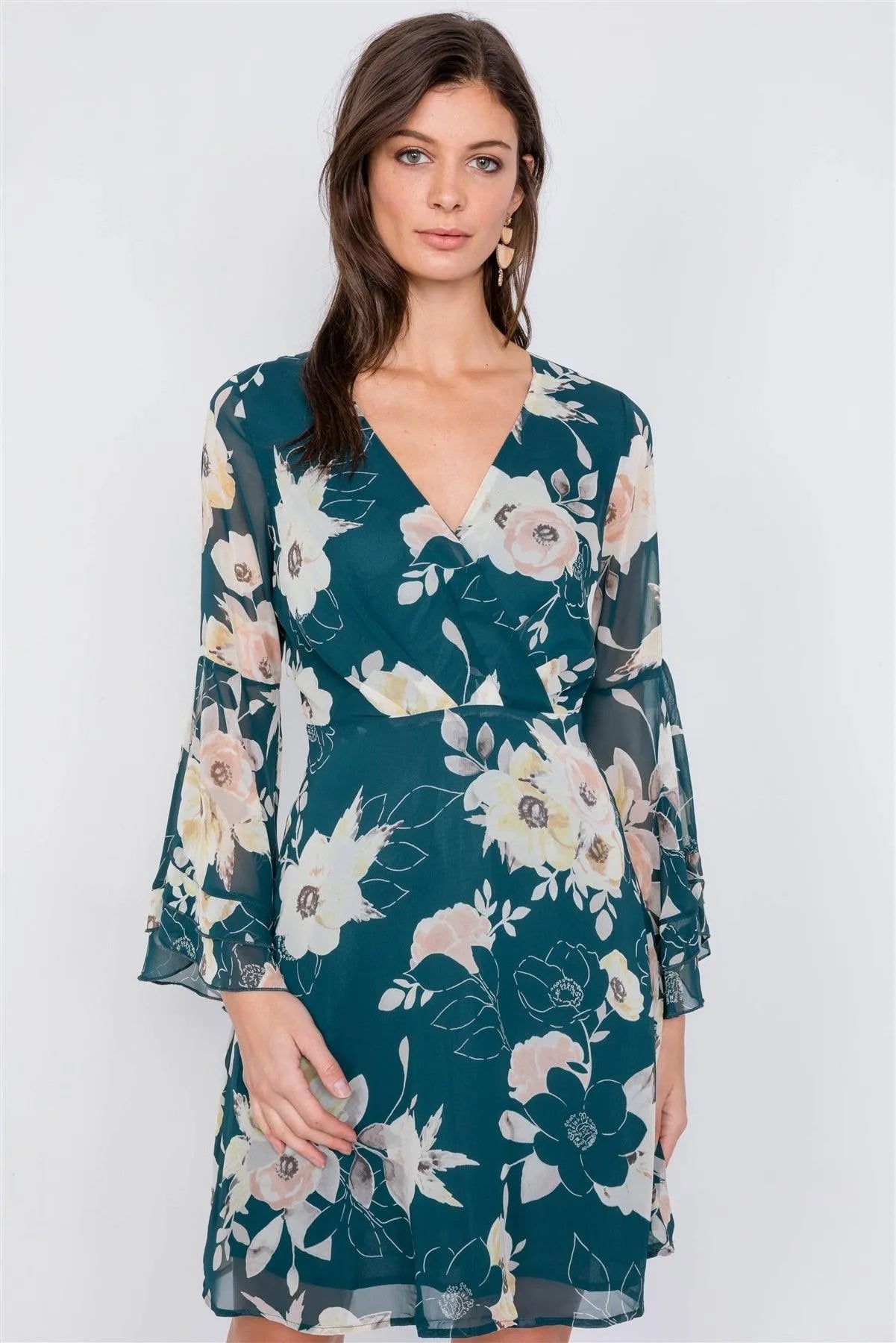 Green Floral Print Bell Sleeve Fit & Flare Mini Dress /2-1-3 - Tasha Apparel Wholesale