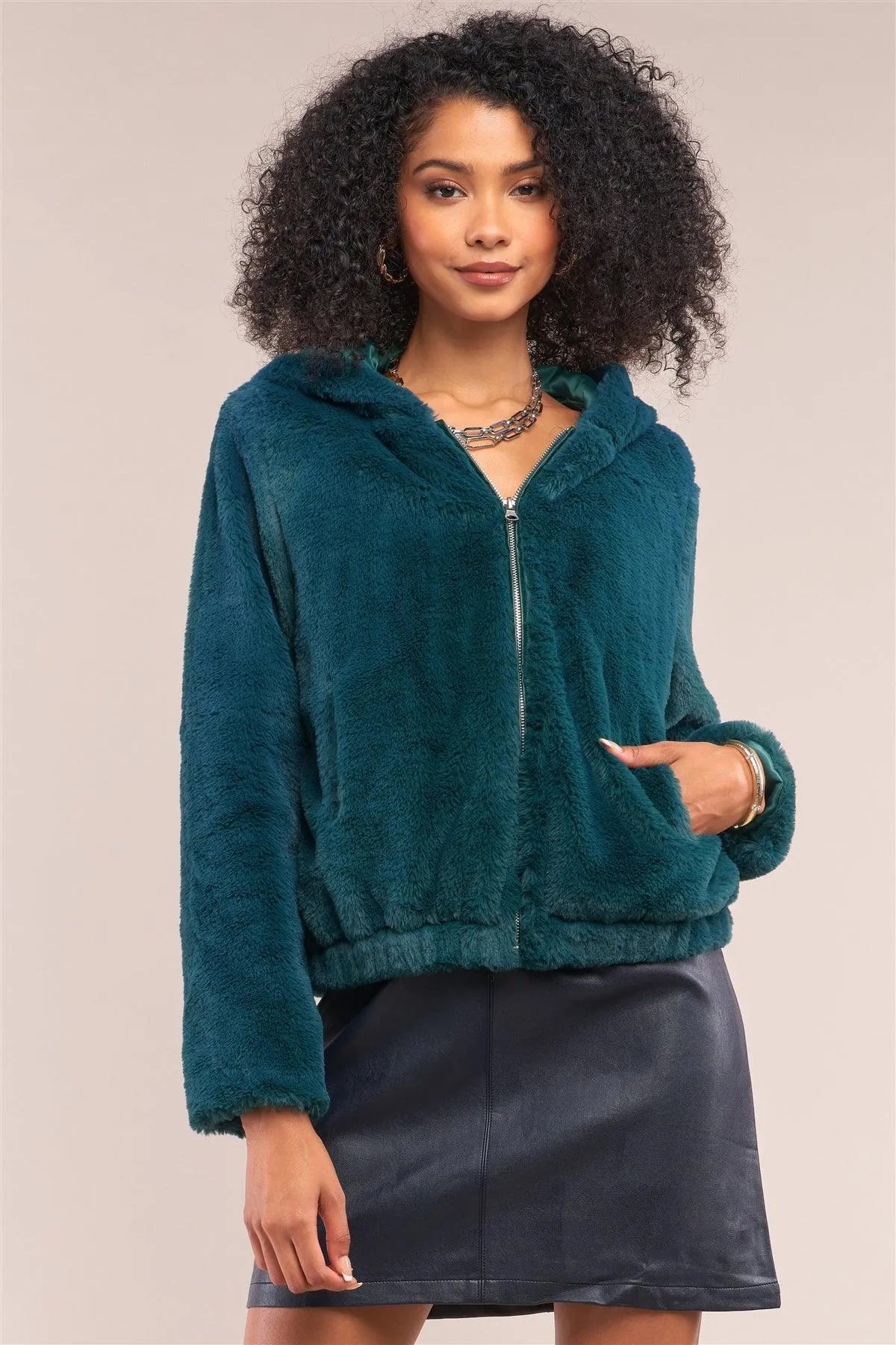 Green Soft Faux Fur Hooded Zip-Up Jacket /3-3 - Tasha Apparel Wholesale